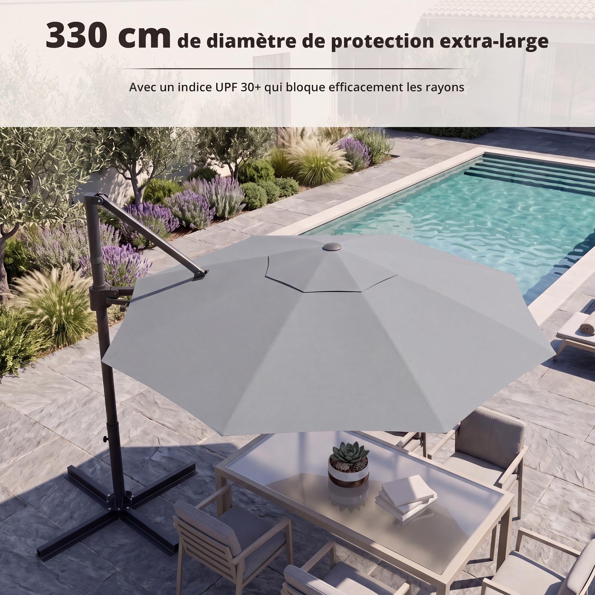 JUMMICO Parasol Déporté Carré 330x330cm, Parasol de Jardin Inclinable Rotatif 360° avec Manivelle, Protection UV50+, Toile Imperméable, pour Terrasse Balcon Piscine