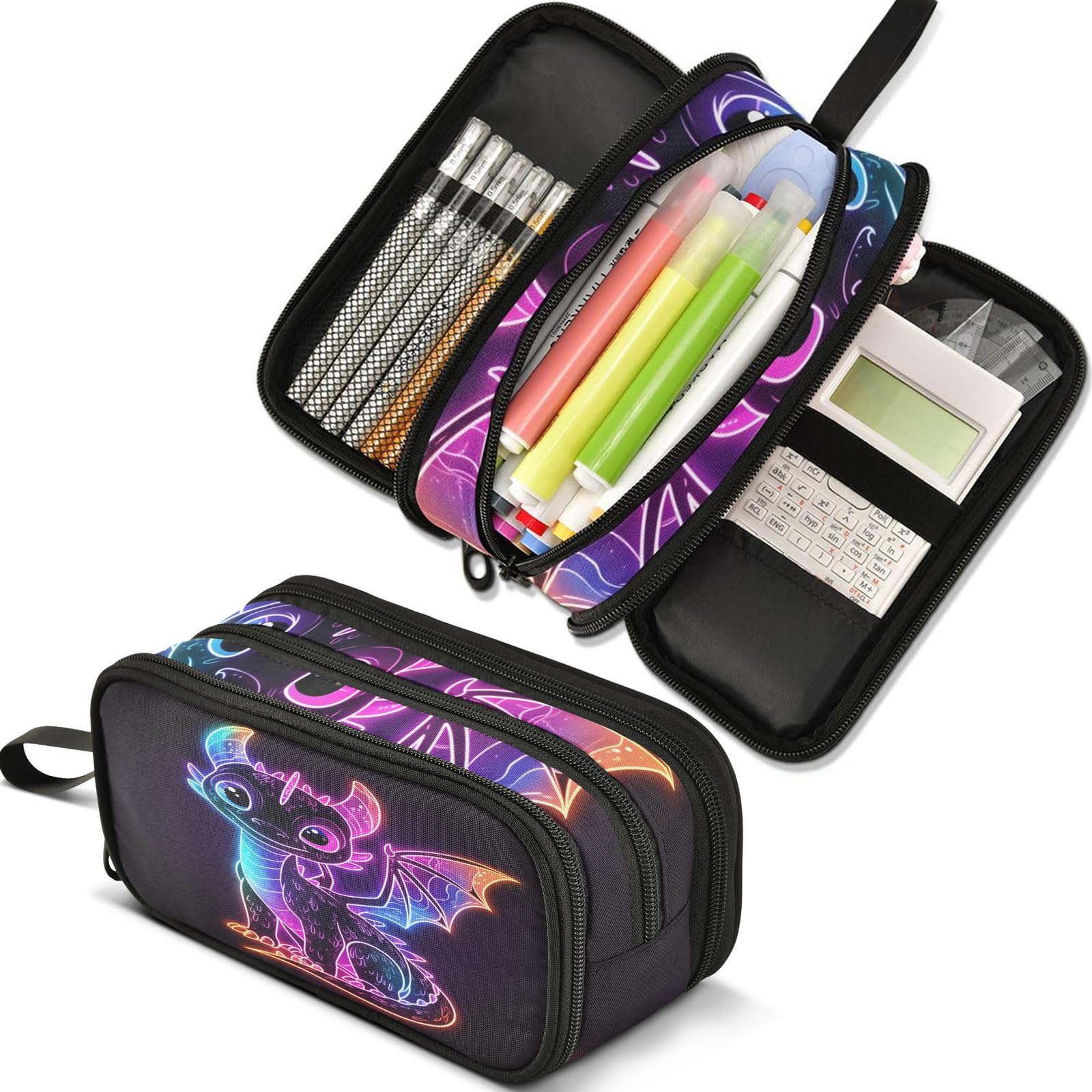 Cute Colorful Dragon Pencil Case Large Capacity Pencil Pouch Boys Girls 3 Compartment Pen Bag School Office Stationery Organizer