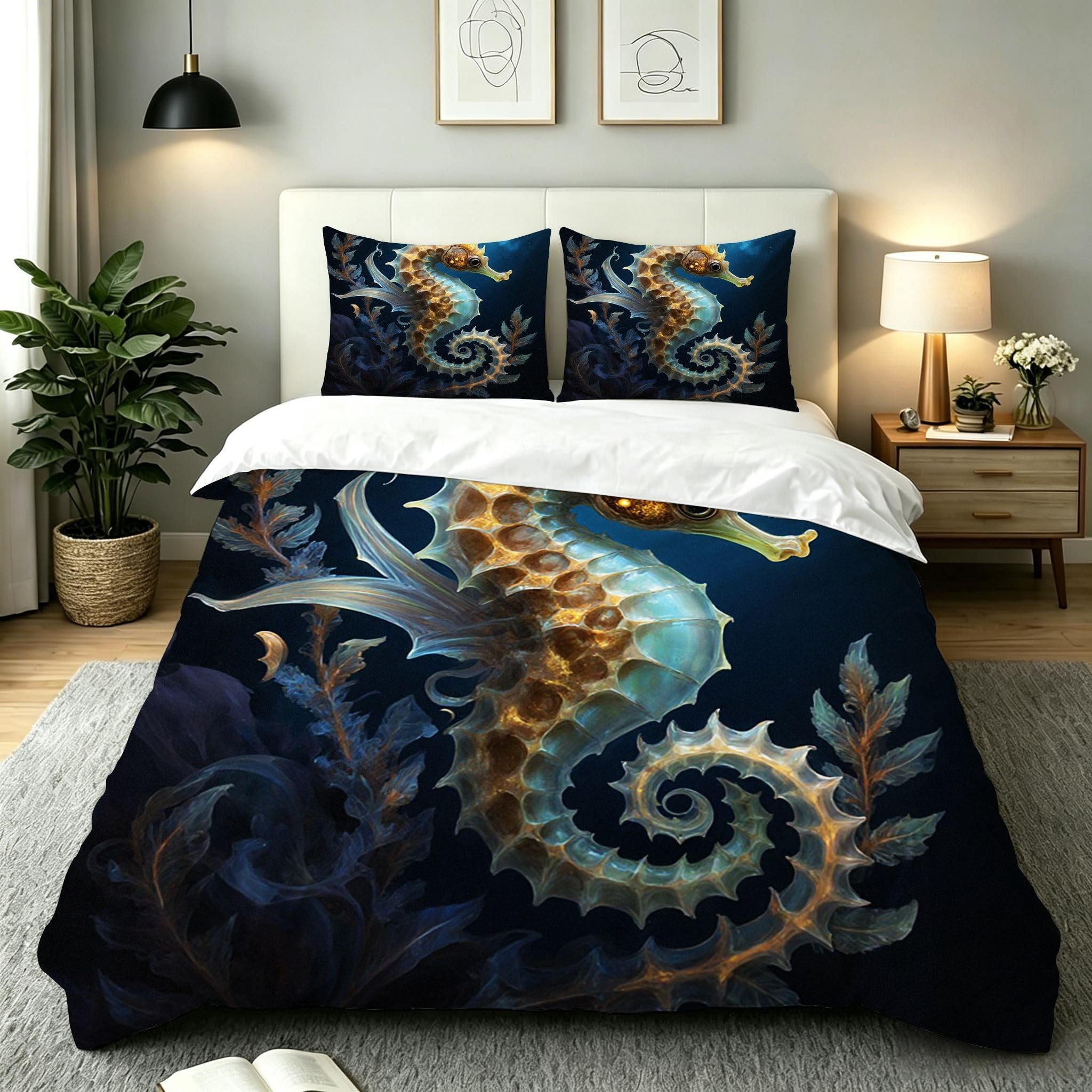 Parure de lit housse de couette 140x200 hippocampe avec 2 taies 65x65