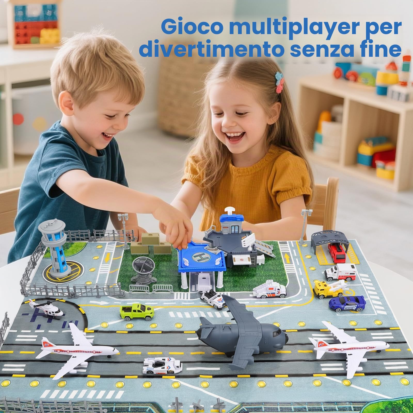 deAO City Aeroporto Giocattoli, Edificio del Terminal Aeroportuale, Torre Radar, 11 Mezzi di Trasporto: Carrelli Portabagagli, Veicoli della Polizia, Aereo di Linea, Posto di Blocco Stradale, 3 Anni+