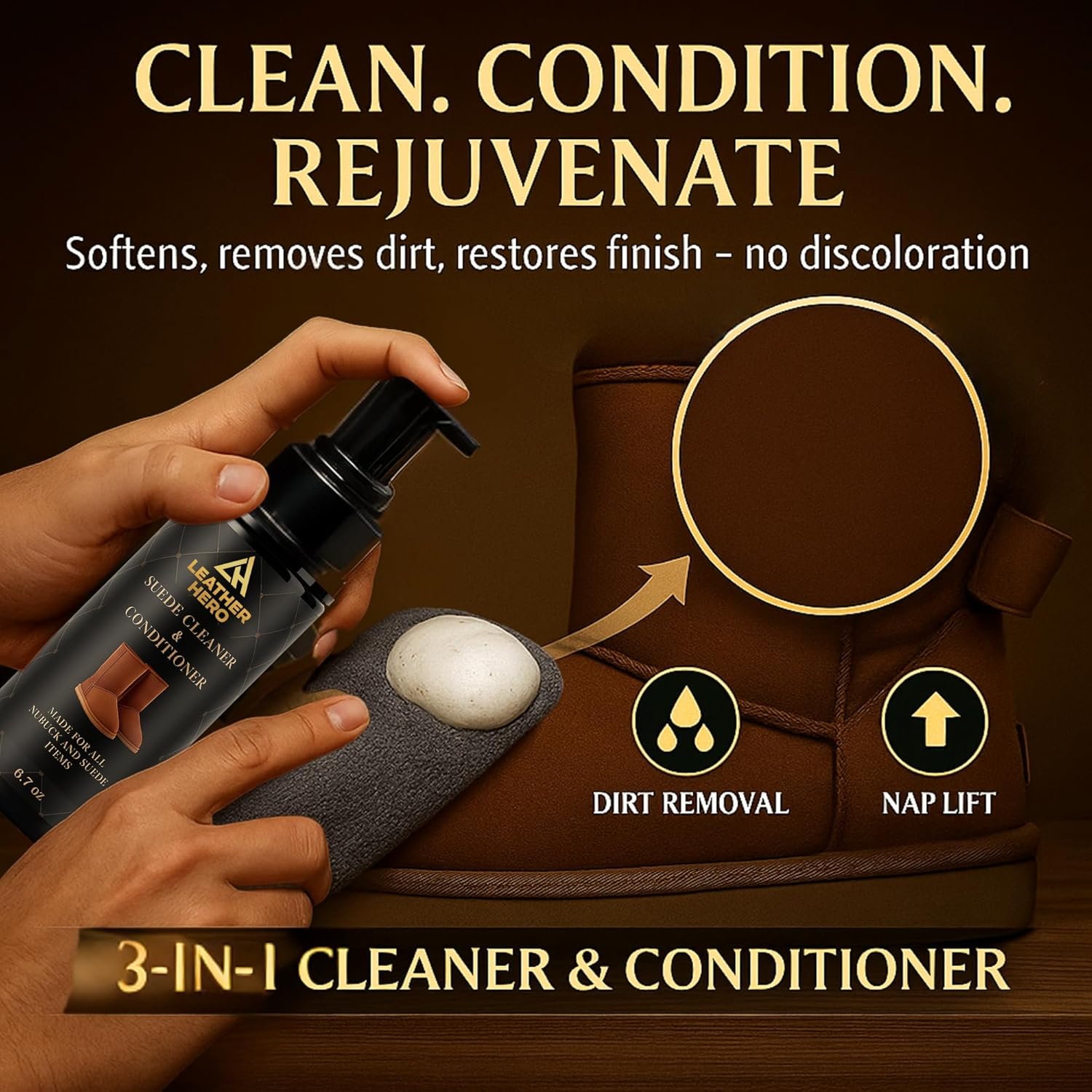 Leather Hero Suede & Sheepskin Cleaning Kit – Compatible with UGG Boots – Foam Cleaner & Conditioner, Water & Stain Protector, Deodorizer, Eraser, Brushes & Cloth – 7-Piece Complete Care Set - Image 3