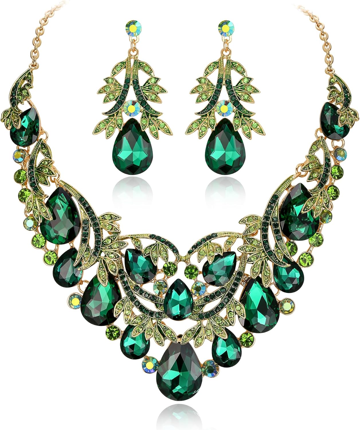 BriLove Women's Bohemian Boho Crystal Teardrop Filigree Leaf Hollow Statement Necklace Dangle Earrings Set