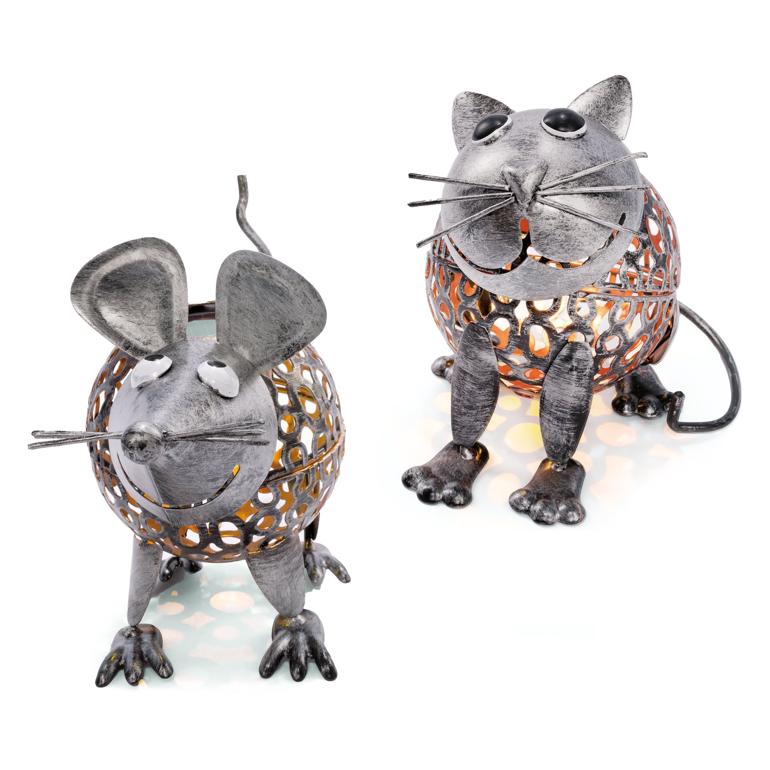 Esotec Solar Metall Figuren für den Garten Vogelpaar Katz & Maus, silberfarben, Akku, Solarmodul, LED Gartendekofigur 103100