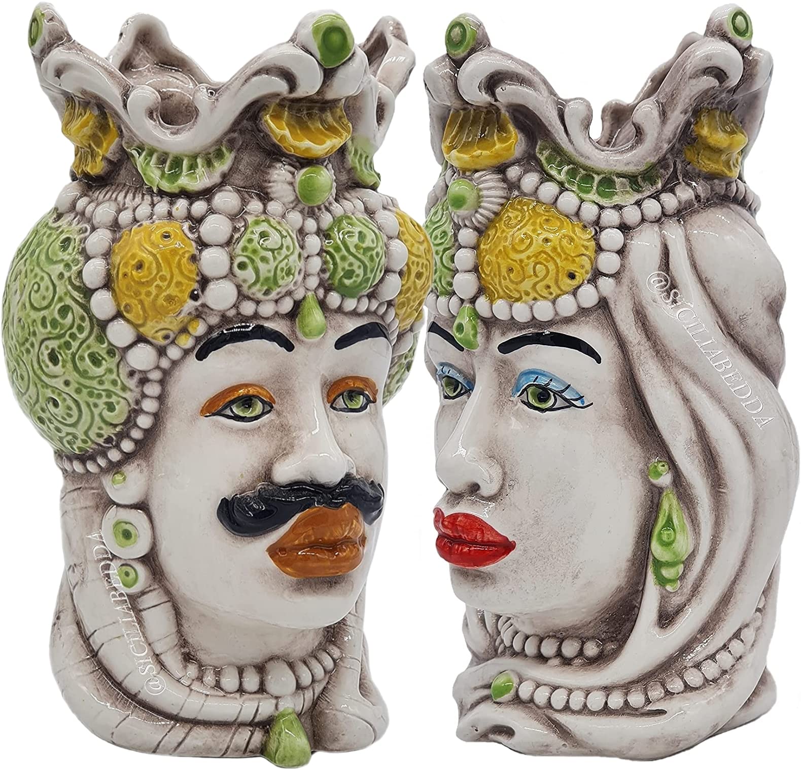 sicilia bedda - Sycylijskie główki morza z ceramiki Caltagirone - wykonane całkowicie ręcznie - wysokość 18 cm (para głów zielonego morca)