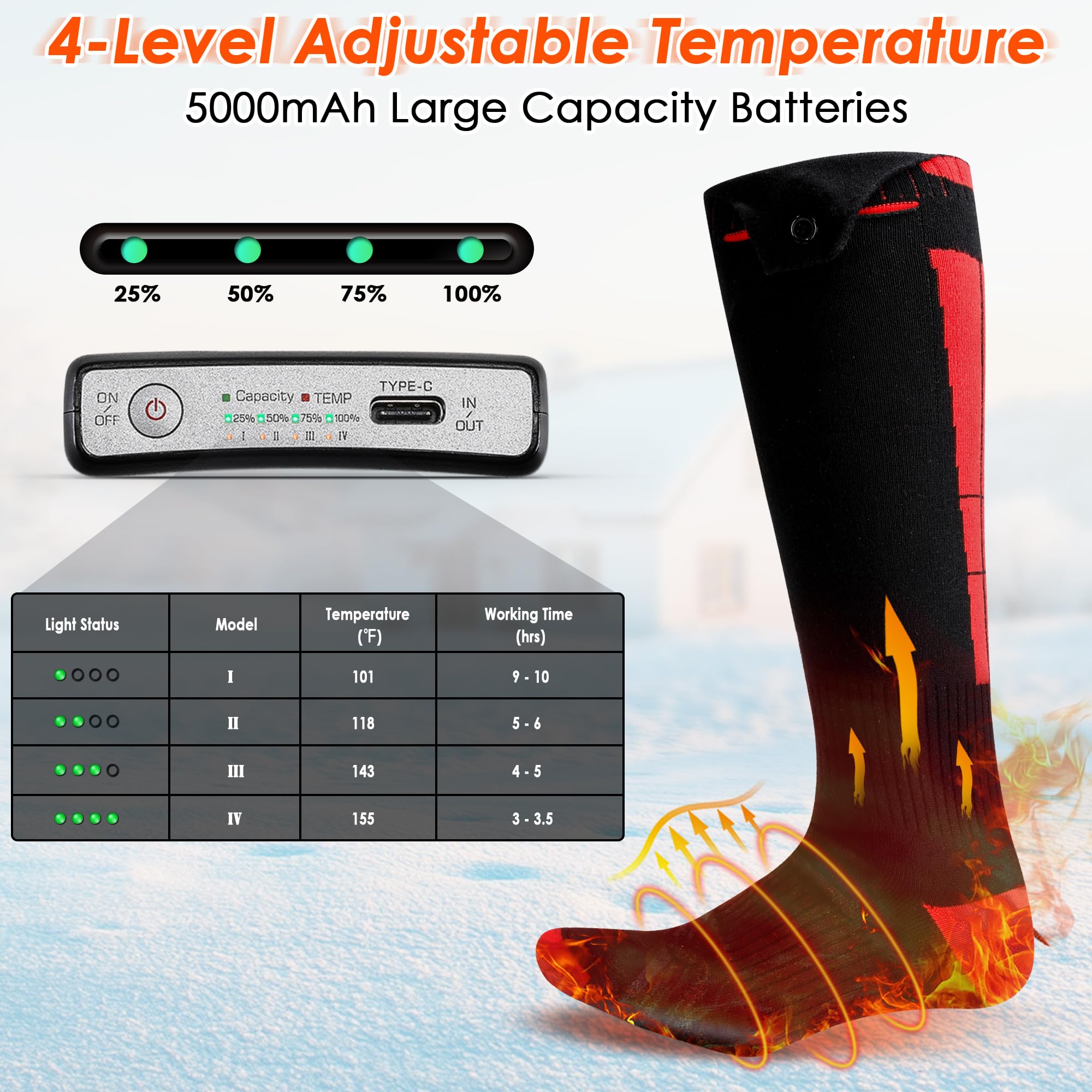 Electric Heating Socks for Men Women with 4 Temperature Settings, 9-Hour Battery Life, Rechargeable Heated Socks for Camping Fishing Cycling Skiing Skating Hunting Hiking
