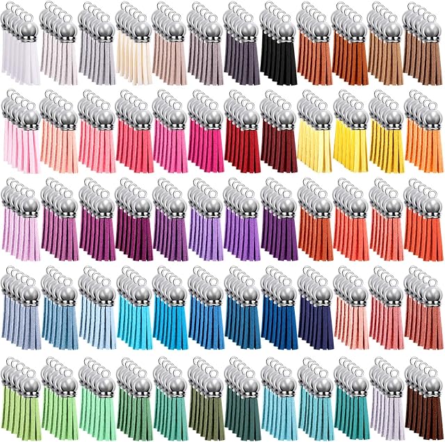 Duufin 300 Pieces Keychain Tassels Bulk Leather Tassels Pendant Colourful Mini Tassel for DIY Craft Supplies, 60 Colours (Silver Cap)