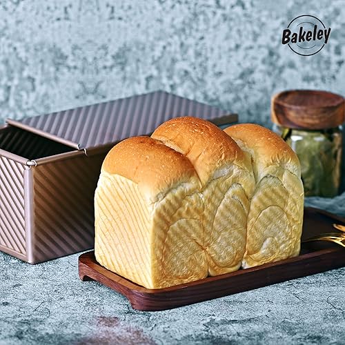 Miniatura 3 de Molde antiadherente para pan Pullman con tapa, 450g Rectángulo ondulado para hornear en el horno, capacidad para masa 21,1 x 12,2 x 10,9 cm (Oro