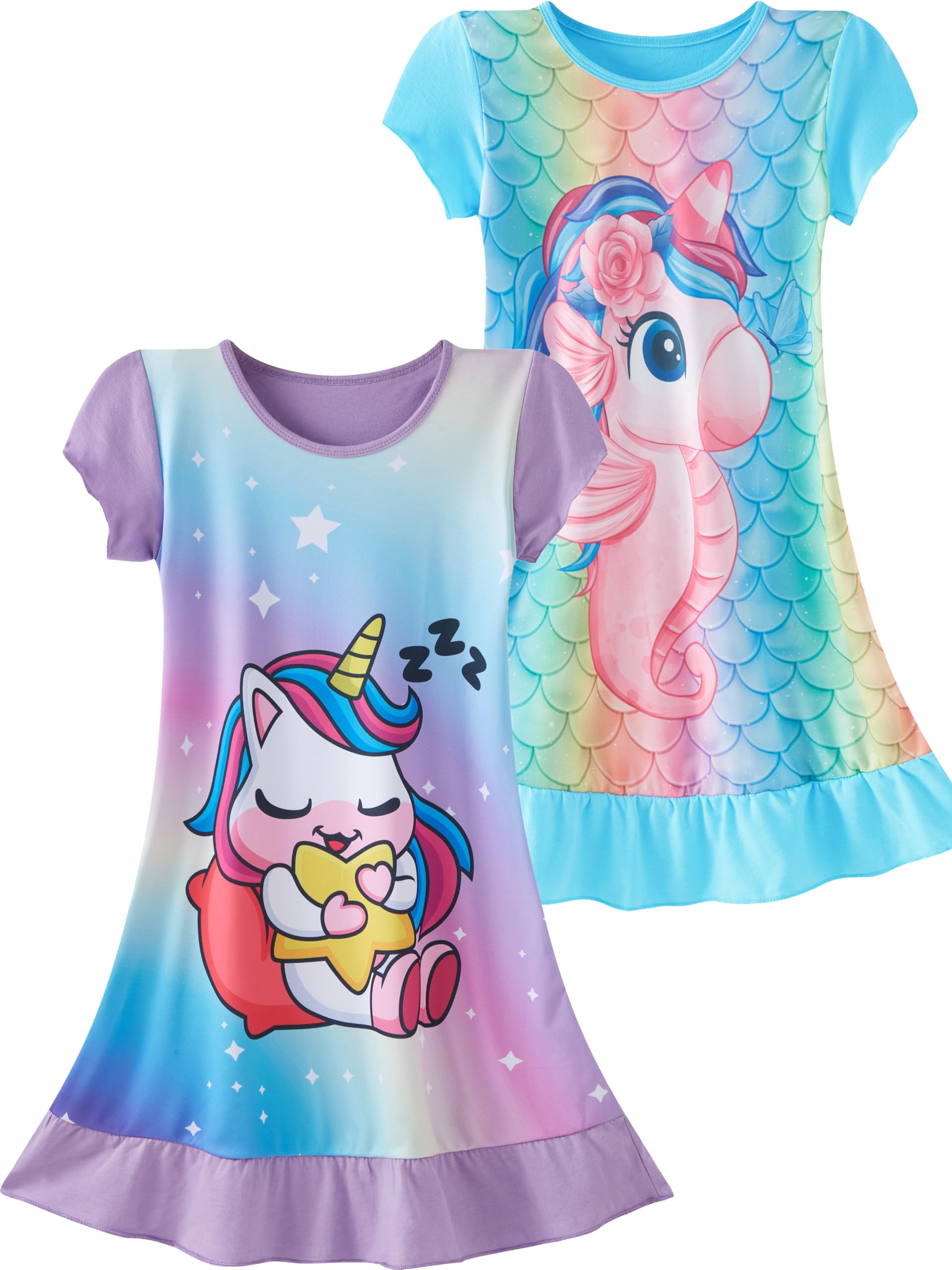 SOIBEEN Camicie da notte da bambina, confezione da 2 pezzi, a maniche lunghe, a maniche corte, in cotone, per bambine 2-9 anni