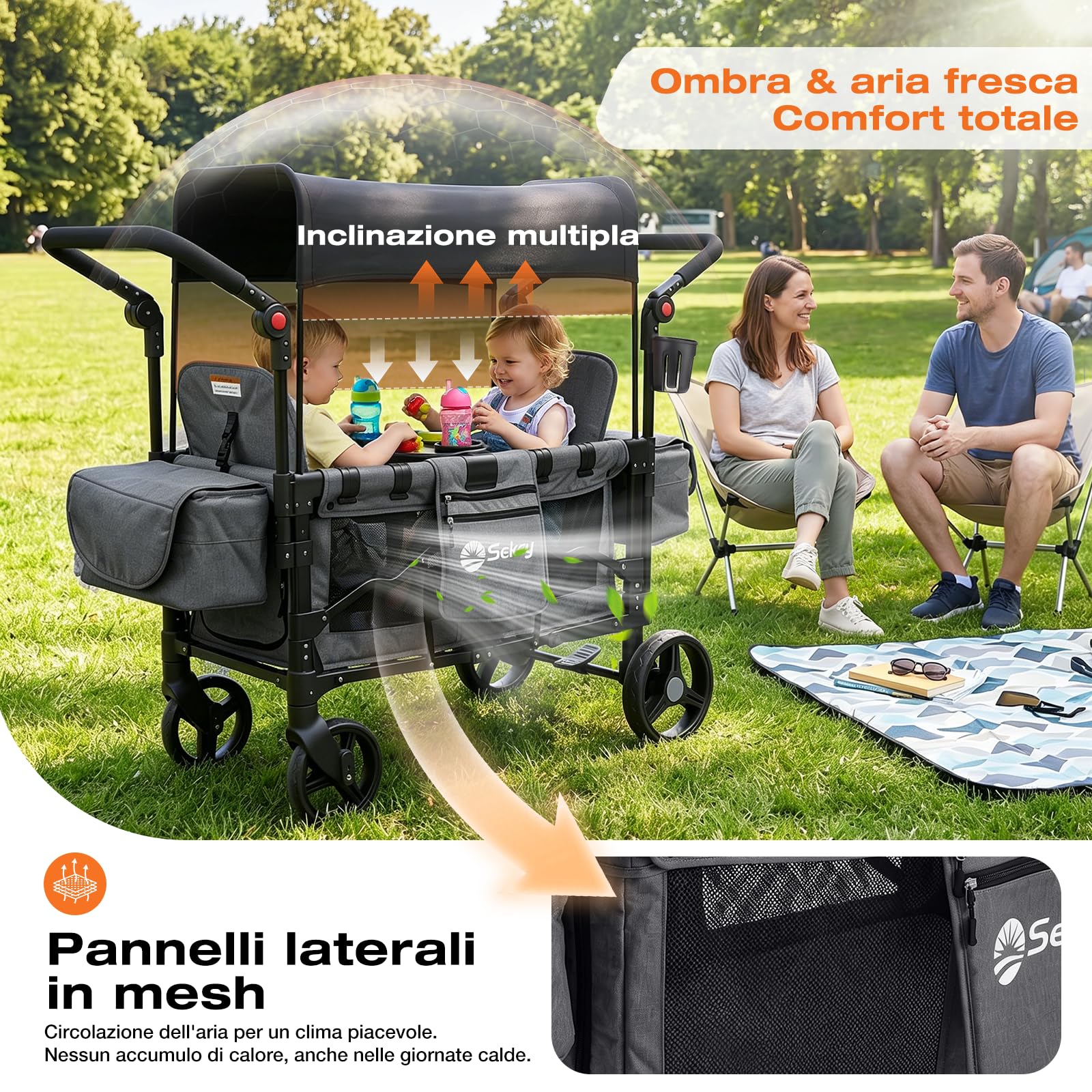 Sekey Carrello pieghevole per bambini, modalità gemelli, con tendina da sole per 2 bambini, maniglia a spinta duo, passeggino doppio con 2 sistemi di imbracatura a 5 punti integrati, Luxer 6060, Nero