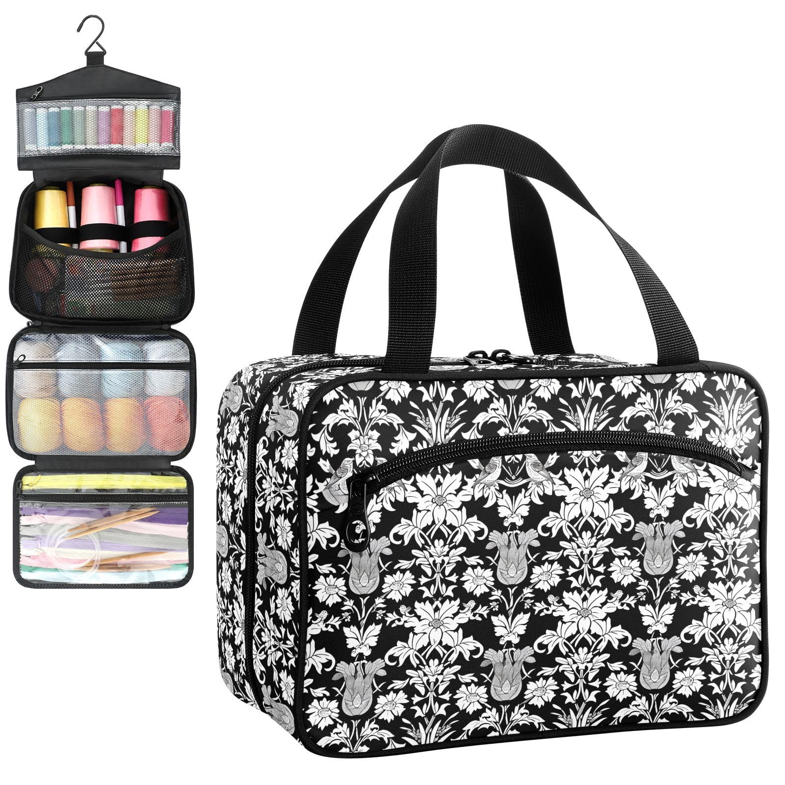 YNNALE Sewing Supply Organizer Bag, Vintage Black and White Floral Birds Portable Sewing Bags with Pockets&Hanger, Sewing Storage Box Case for Sew Supplies/Kit/Tools/Accessories (BAG ONLY)