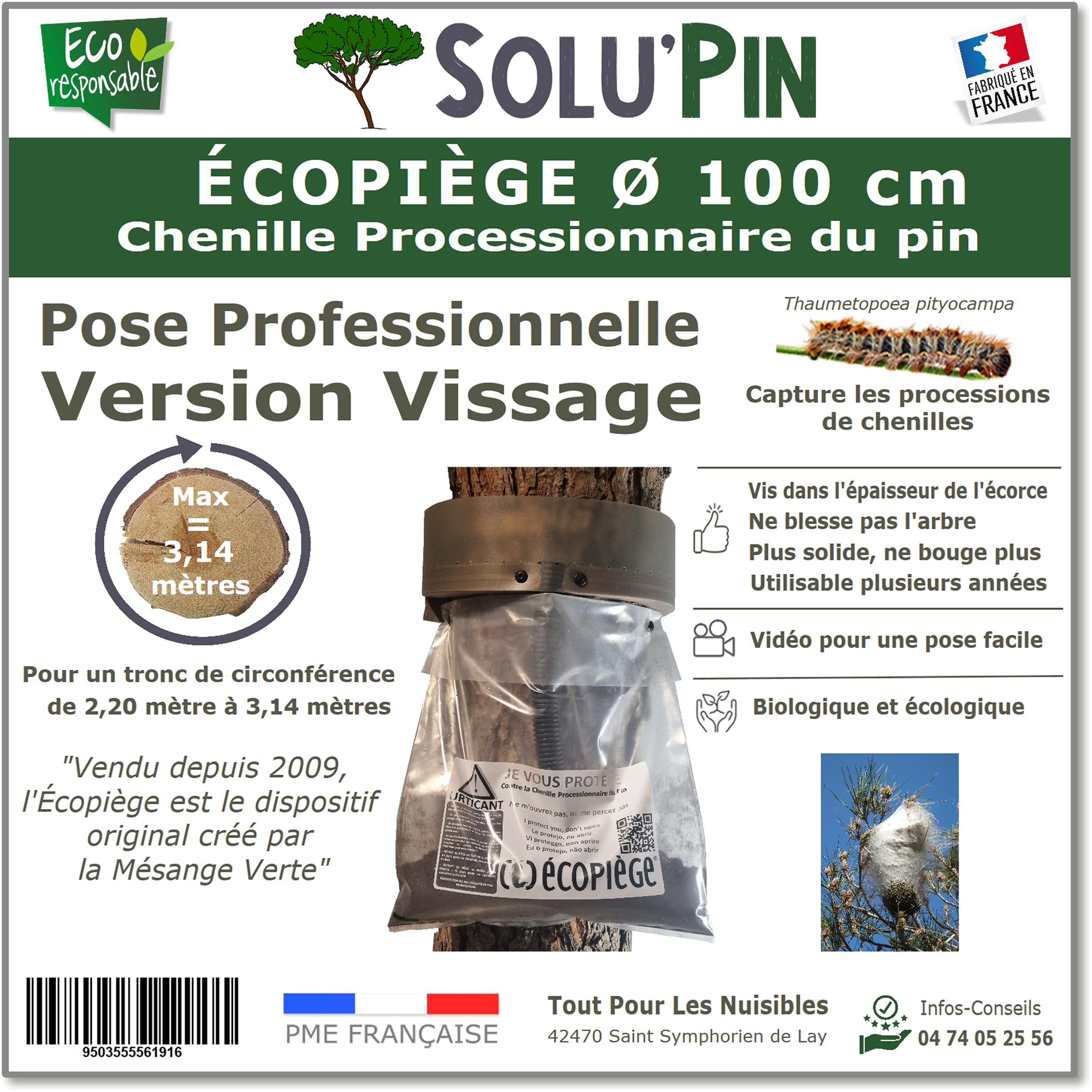 Piège Chenille Processionnaire du Pin – Pour Tronc jusqu’à 3,20 m – Kit Complet Écopiège Professionnel SoluPin Ø 100 cm à Vissage – Cerclage Réutilisable sans Insecticide – Conçu et Fabriqué en France