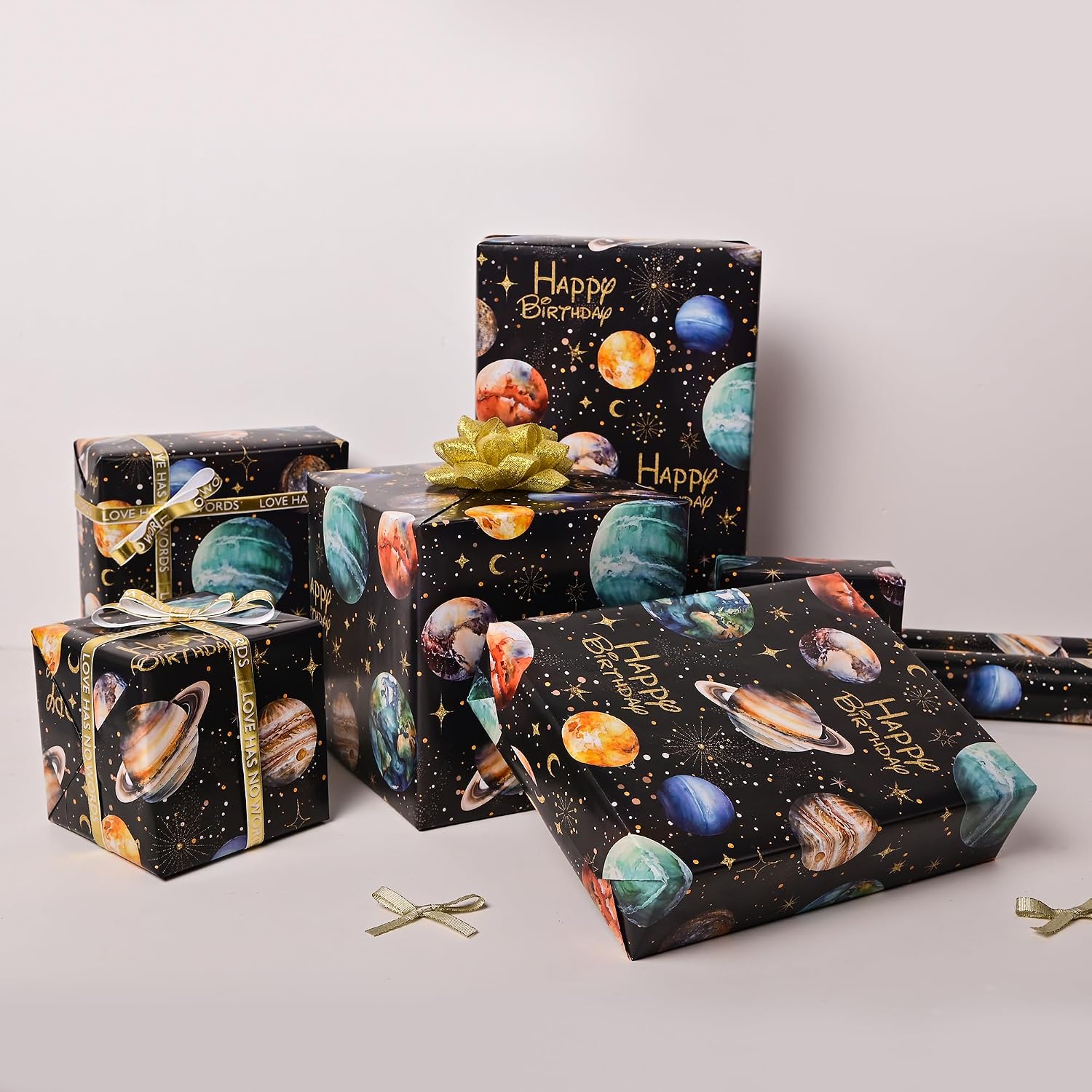 Vnaaem Space Wrapping Paper Roll for Boys Girls Kids - Solar System Planets & Happy Birthday Galaxy Gift Wrap for Kid's Birthday Baby Shower Holiday Craft DIY Party - 17 in x 20 ft(Total 28.5sq.ft)