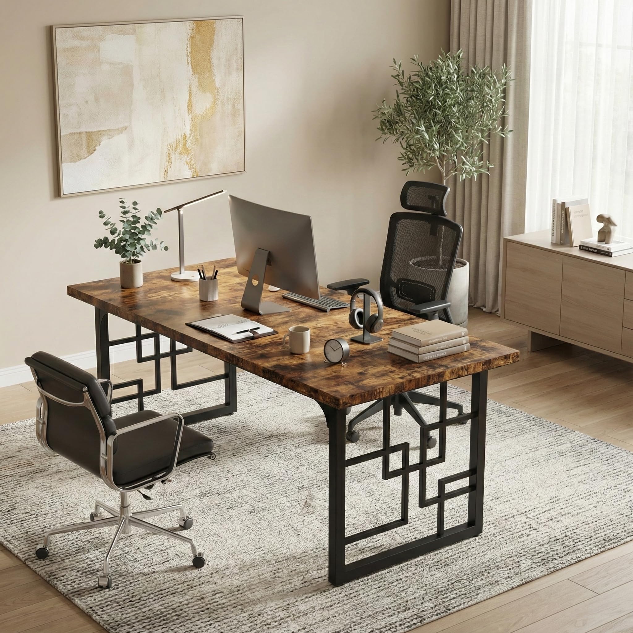 Lailang 160cm Scrivania Ufficio 160x80, Scrittoio Vintage, Scrivania Porta PC E Stampante, Tavolo Legno, Tavolo Riunioni Ufficio, Scrivania Grande, 160 x 80 x 75 cm, Rovere E Nero