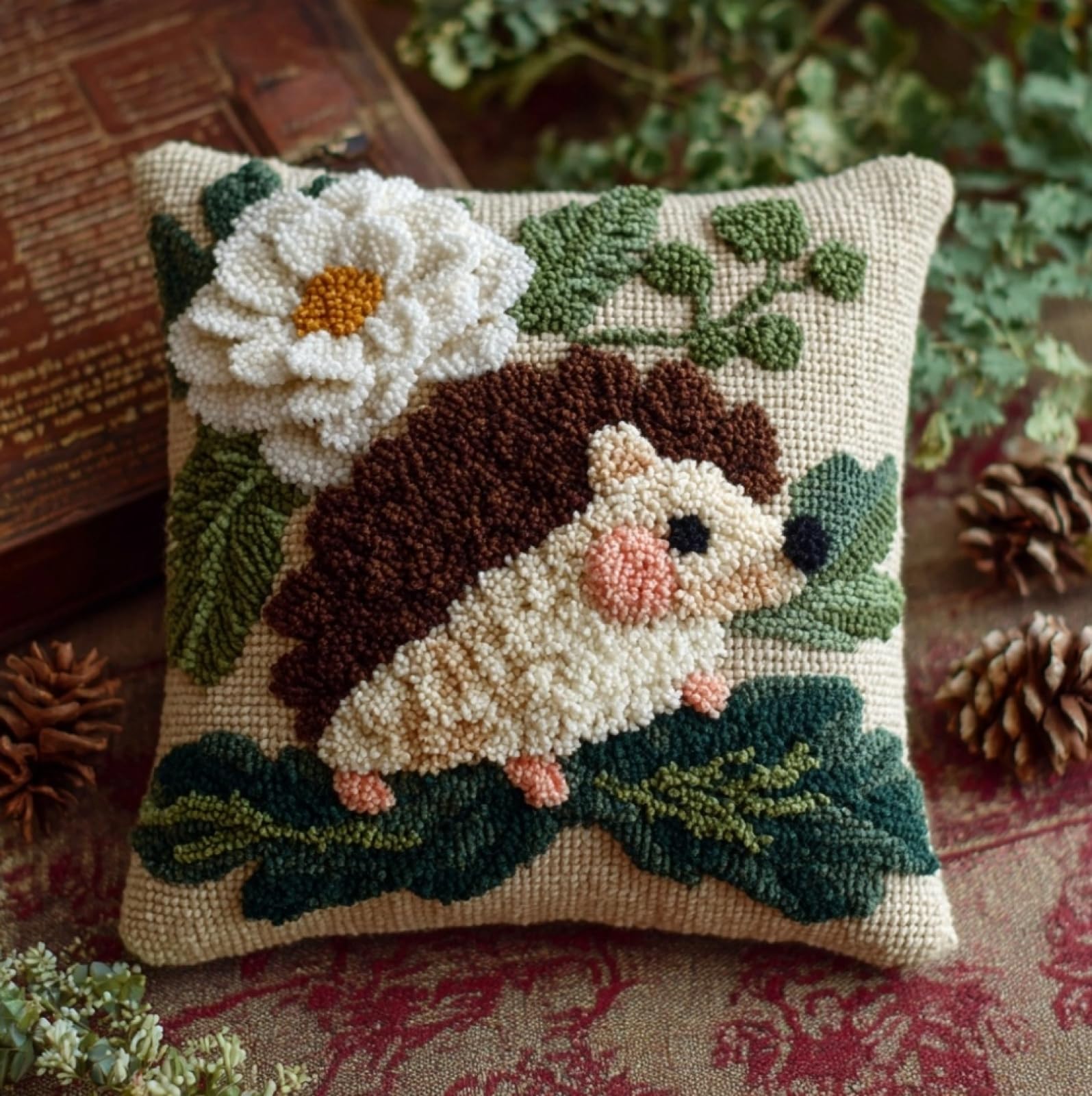 WallustrioaW Latch Hook Kit 17x17 Inch,Hedgehogs and Flowers
