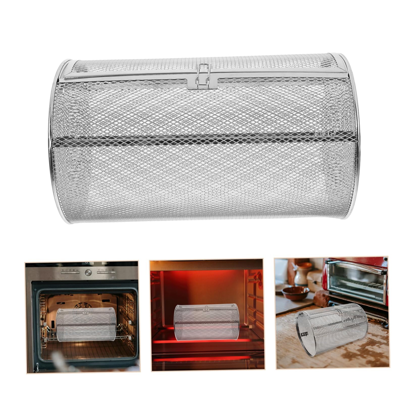 Jaula Giratoria para Horno de Acero Inoxidable Plata, Cesta para Asar Nueces y Carne, Resistente a Deformaciones Calentamiento Uniforme
