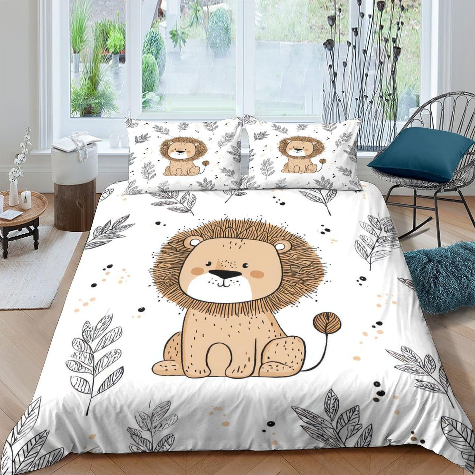 3D Printed Cute Lion Duvet Cover Microfiber Soft Breathable Cartoon Jungle Bedding Set with 2 Pillowcases for Bedroom Decor, Single（135x200cm）