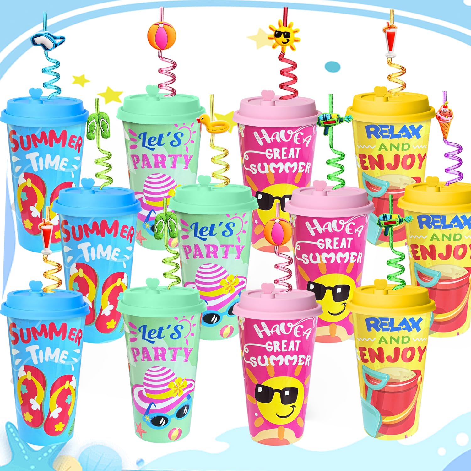 FZR Legend 48Pcs Pool Beach Birthday Party Decorations Cups with Summer Silly Straws Bulk, 16 OZ Pool Reusable Plastic Cups with Lids, Summer Party Favors Supplies for Kids