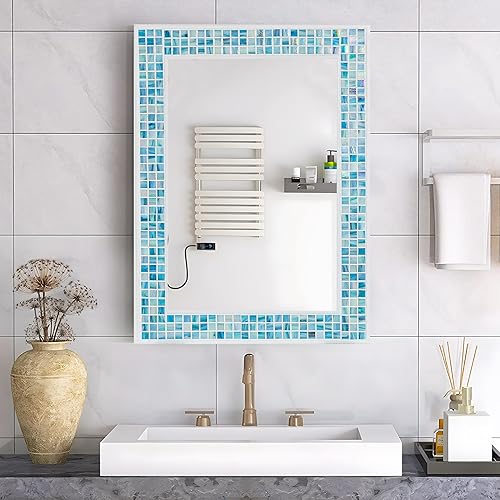 YOSHOOT Mosaic - Espejo de pared de baño, espejo hecho a mano para pared con madreperla, espejos rectangulares decorativos para tocador de baño,