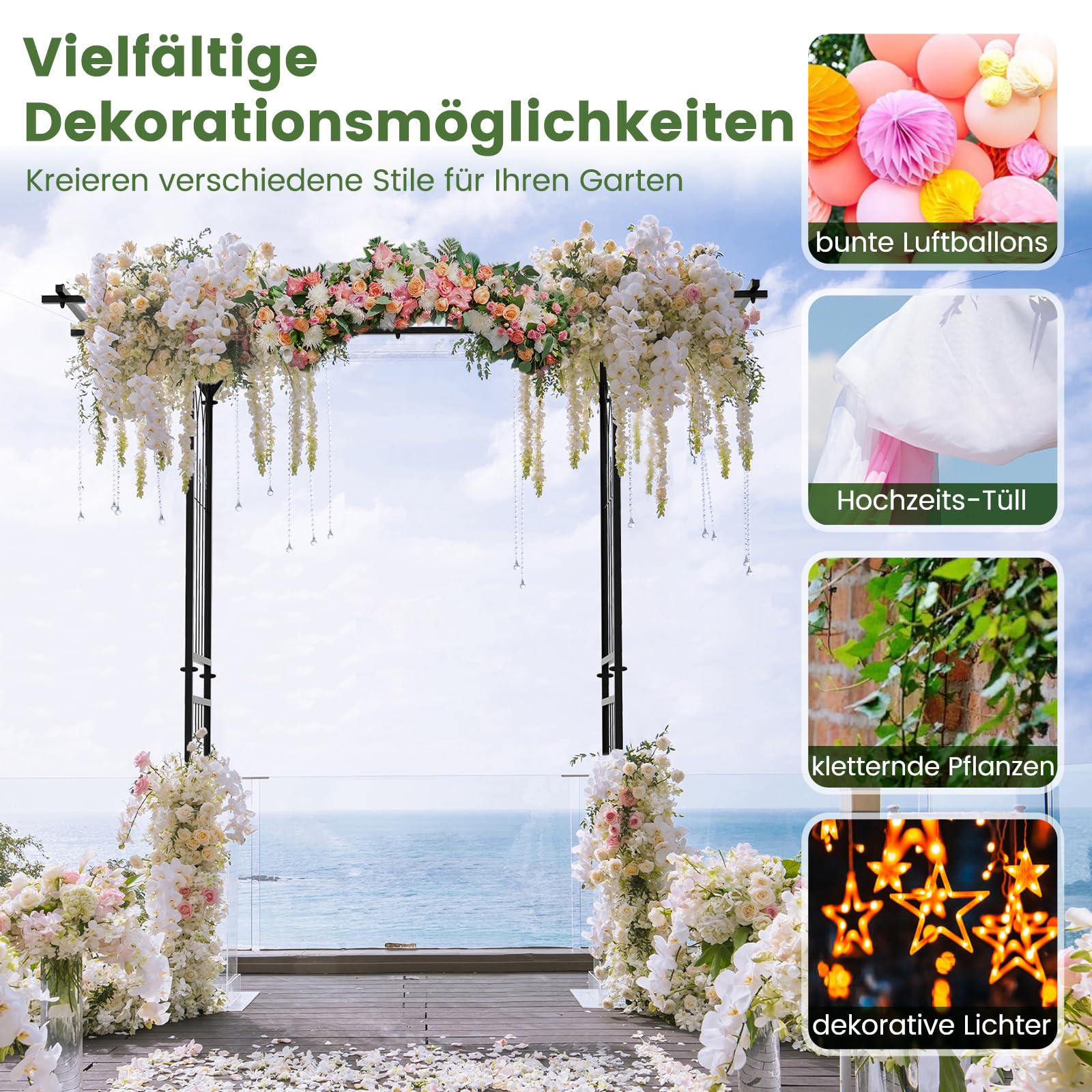 COSTWAY Rosenbogen Metall, Gartenbogen für Kletterpflanzen, Torbogen Garten, Rosengitter Rankhilfe, Rankgitter Rosenspalier, Rankbogen für Hinterhof Veranda Hochzeit Partys, 200x52x206cm, Schwarz
