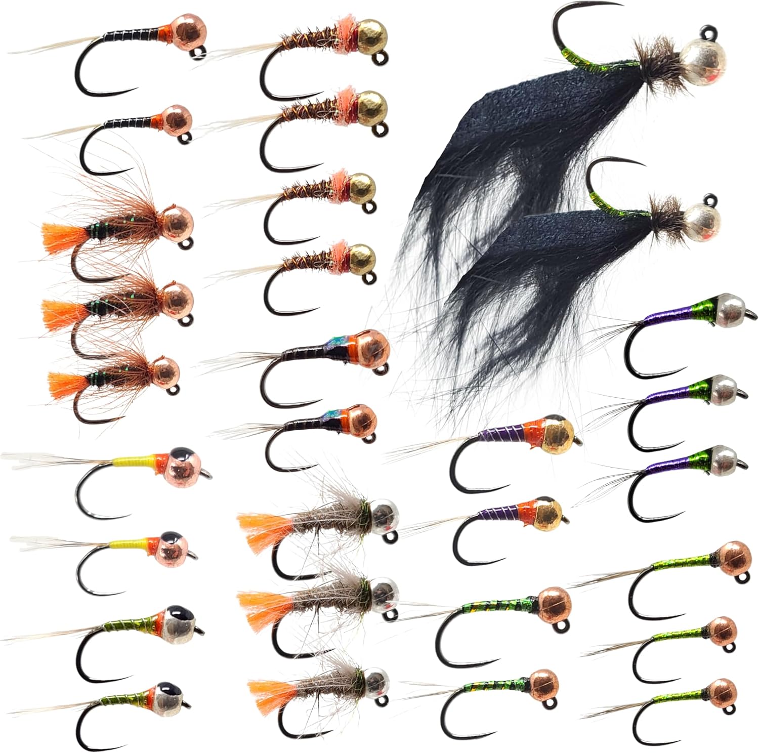 | 30 Barbless Euro Czech Nymphing Trout Fly Fishing Flies | European Nymph Fly Assortment with Tungsten Beads | Jigs, Perdigons, Leeches, and Barbless Nymphs