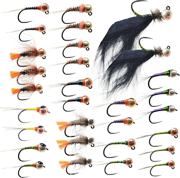 The Fly Crate | 30 Moscas Barbless Euro Czech Nymphing para Trucha | Surtido de Ninfas Europeas con Cuentas de Tungsteno | Jigs, Perdigones, Sanguijuelas y Ninfas Barbless
