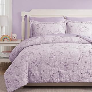 Queen Comforter Set - 7 Pieces Bow Jacquard Bed in a Bag Girls Bedding Set