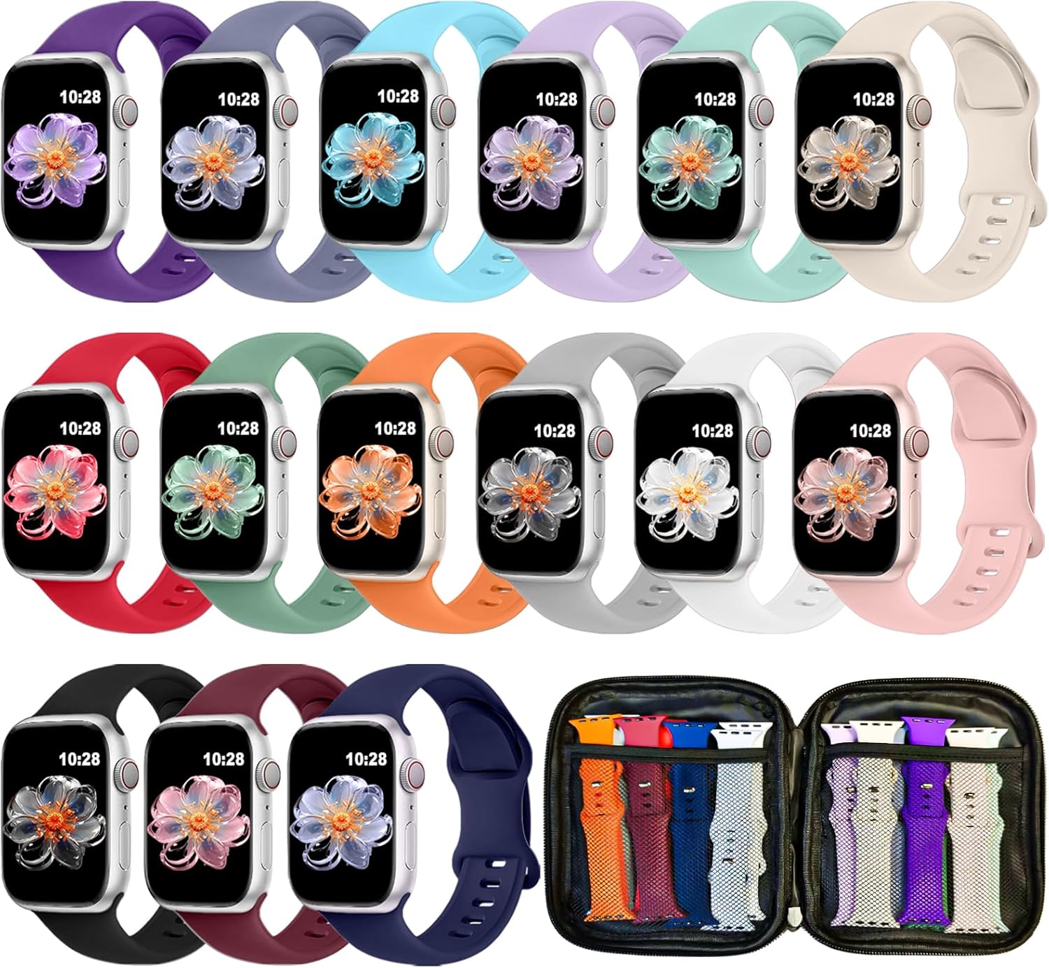 15 Pack Sport Band Compatible with Apple Watch Bands 38mm 40mm 41mm 42mm 44mm 45mm 46mm 49mm for Women Men, Silicone iWatch Bands with Storage Organizer for iWatch Ultra Series 11 10 9 8 7 6 5 4 3 SE