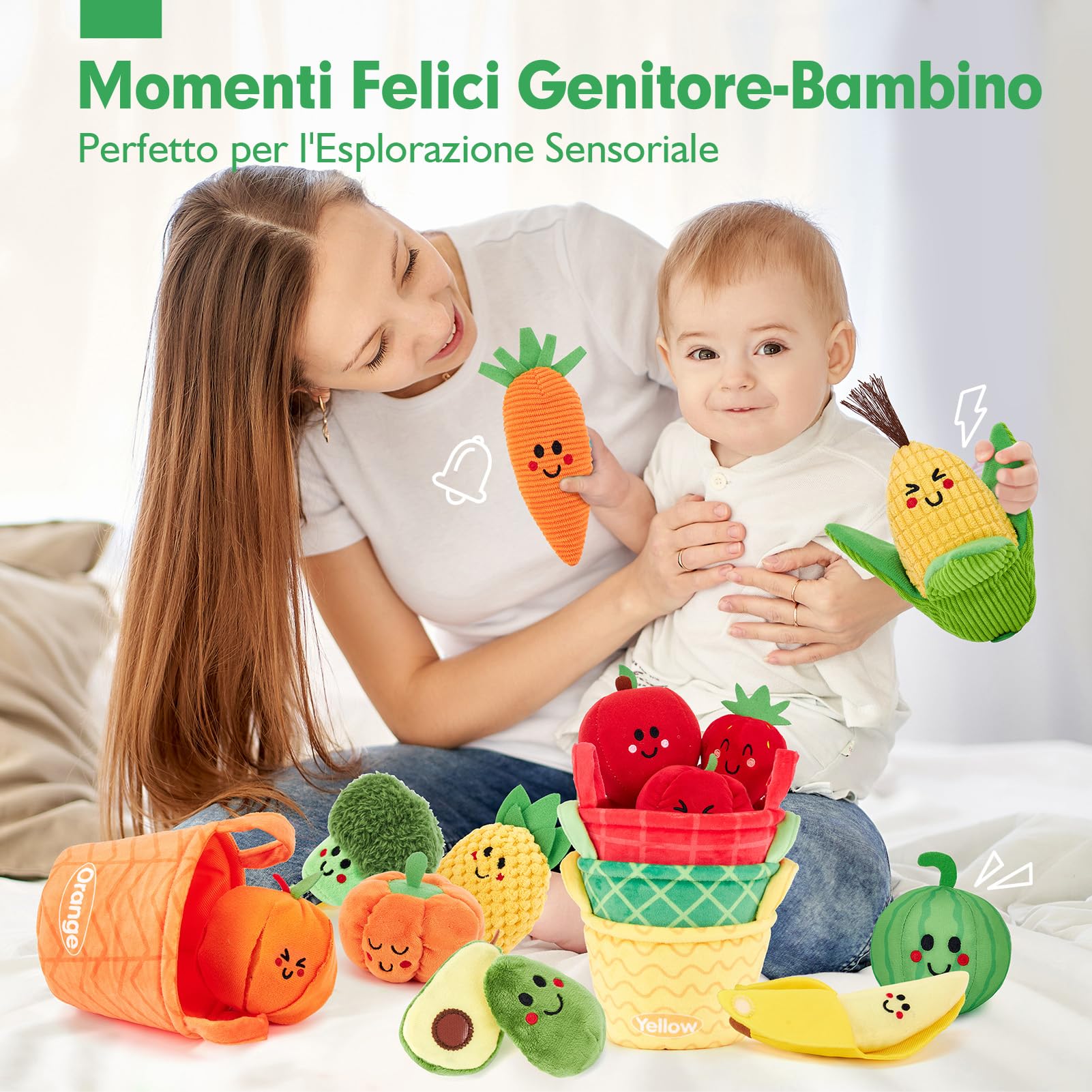 hahaland Giochi Montessori 6 Mesi - 16 PCS Frutta e Verdura Giocattolo in Peluche con Sonaglio e Cestino, Gioco Bambino Educativi Regalo Bimbo Bimba 6 9 12 Mesi