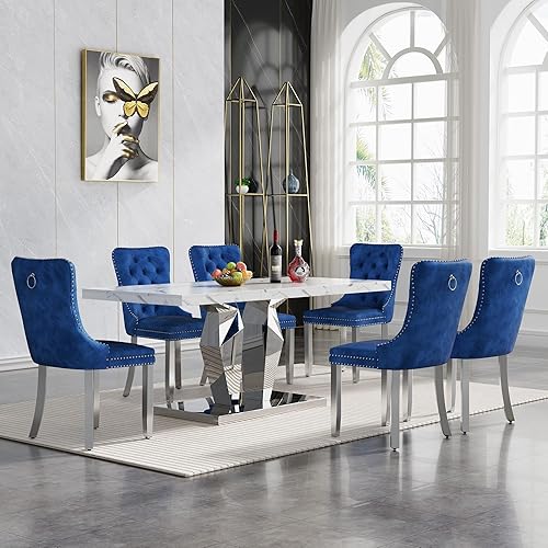 Miniatura 23 de Juego de 5 mesas de comedor de mármol sintético, juego de mesa de cocina y comedor para 4, mesa de comedor rectangular blanca de 70 pulgadas con