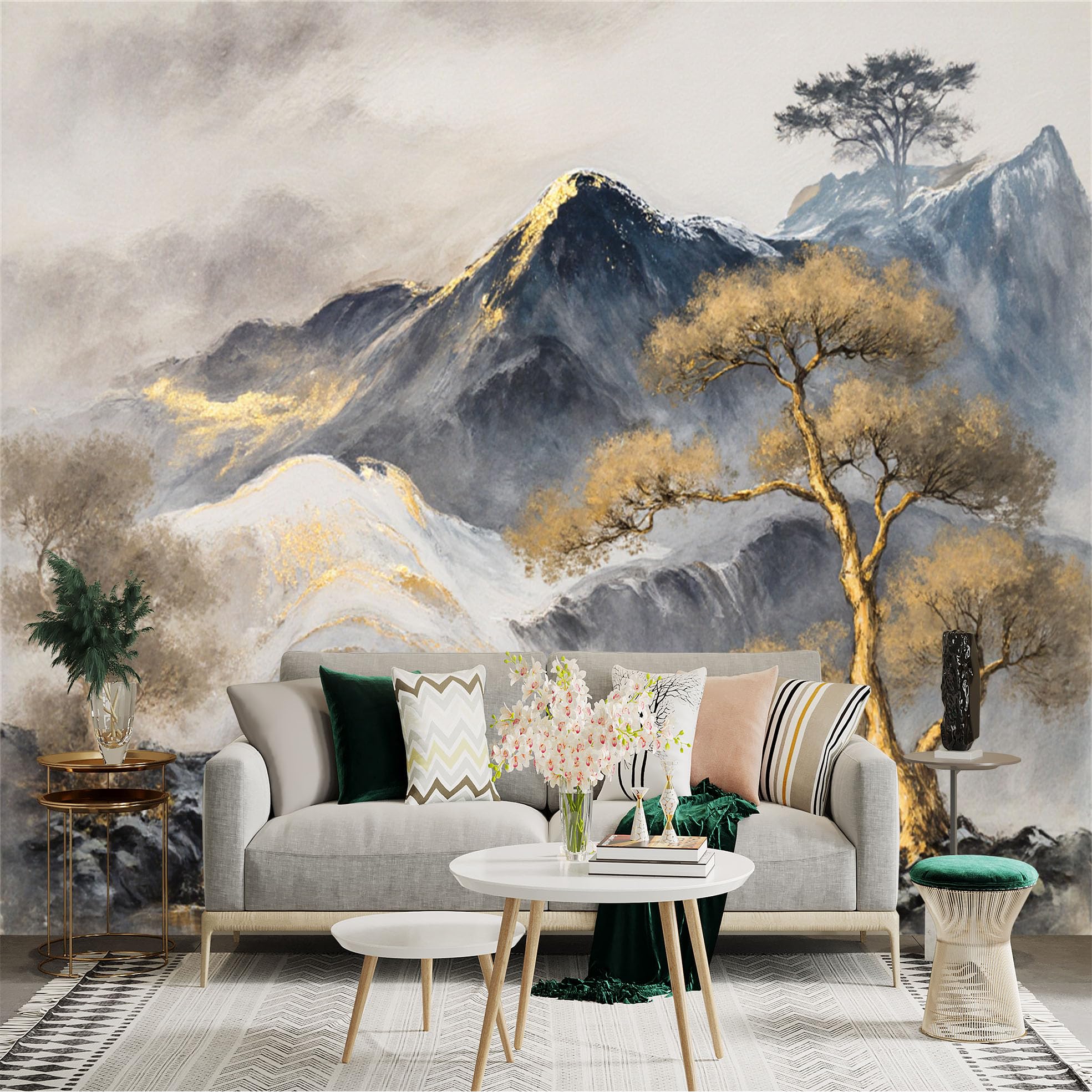Custom Size Wall Sticker Mural， Misty Mountains and Golden Trees with Lake， Serene Landscape Art， for wall Decoration， peelandstick wall Decals.