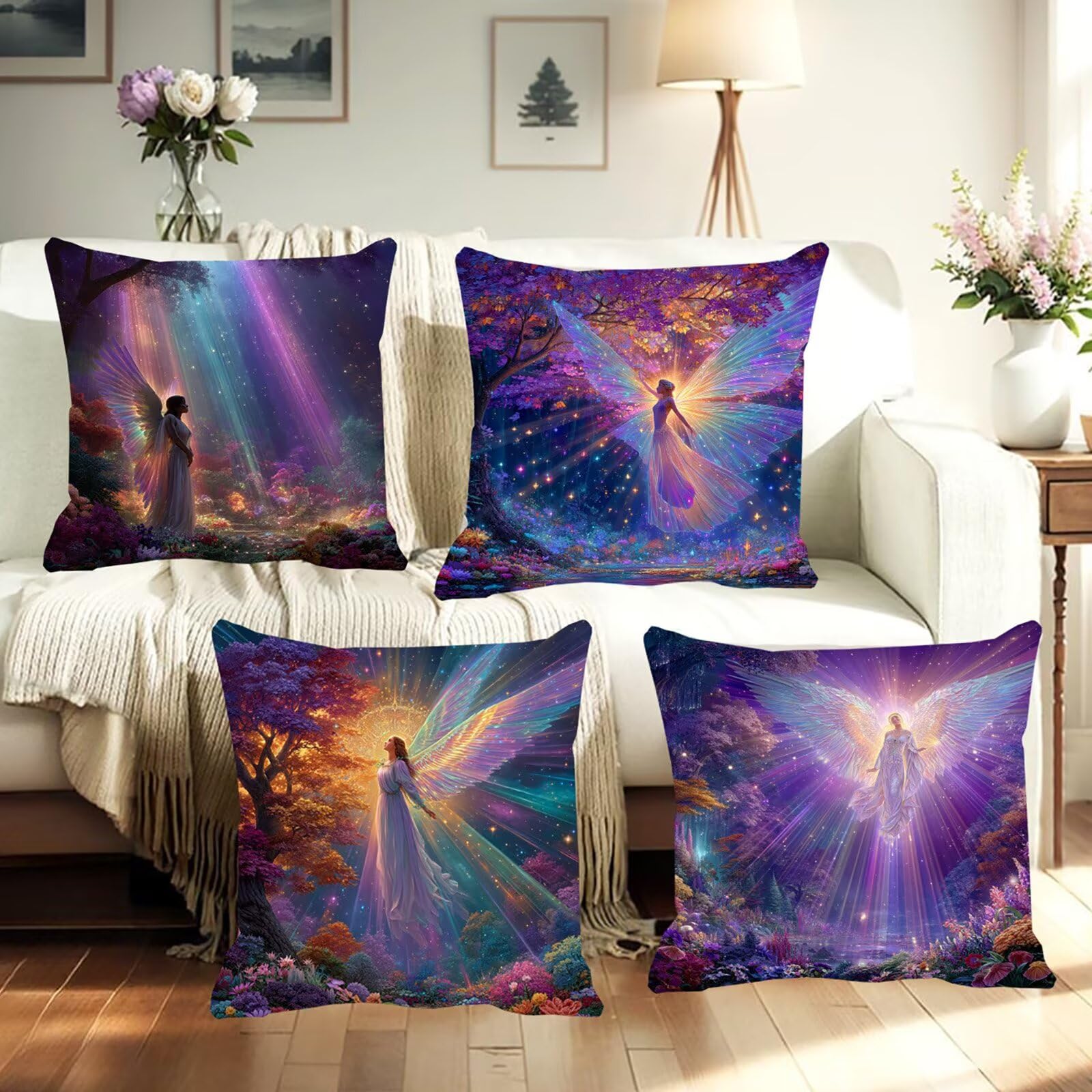 Lot de 4 Housses de Coussin Canapé 60x60cm Décoratives Double Face Taie d'oreiller en Velours Violet Coussin Carré Ange Taie d'oreiller pour Chambre, Bureau, Jardin Salon Canapé Voiture Ferme F0P-533