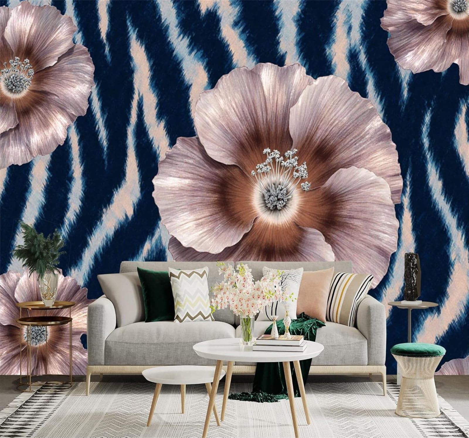 Xlming 150Cm×105Cm(B×H) Abstract Blue Zebra Pattern Metallic Flowers Art 3D Wallpaper Silky Texture Home Study Office Grey Dining Room Sofa Bedroom Living Room Tv Backdrop-150Cm×105Cm