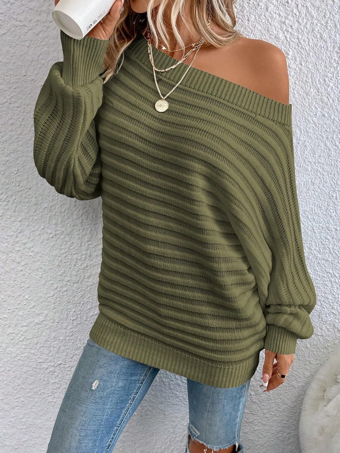 SISKIN Oversized Off Shoulder Pullover Asymmetrical Sweaters Knitted Batwing Striped Trendy Cozy Sweater for Winter - Image 8