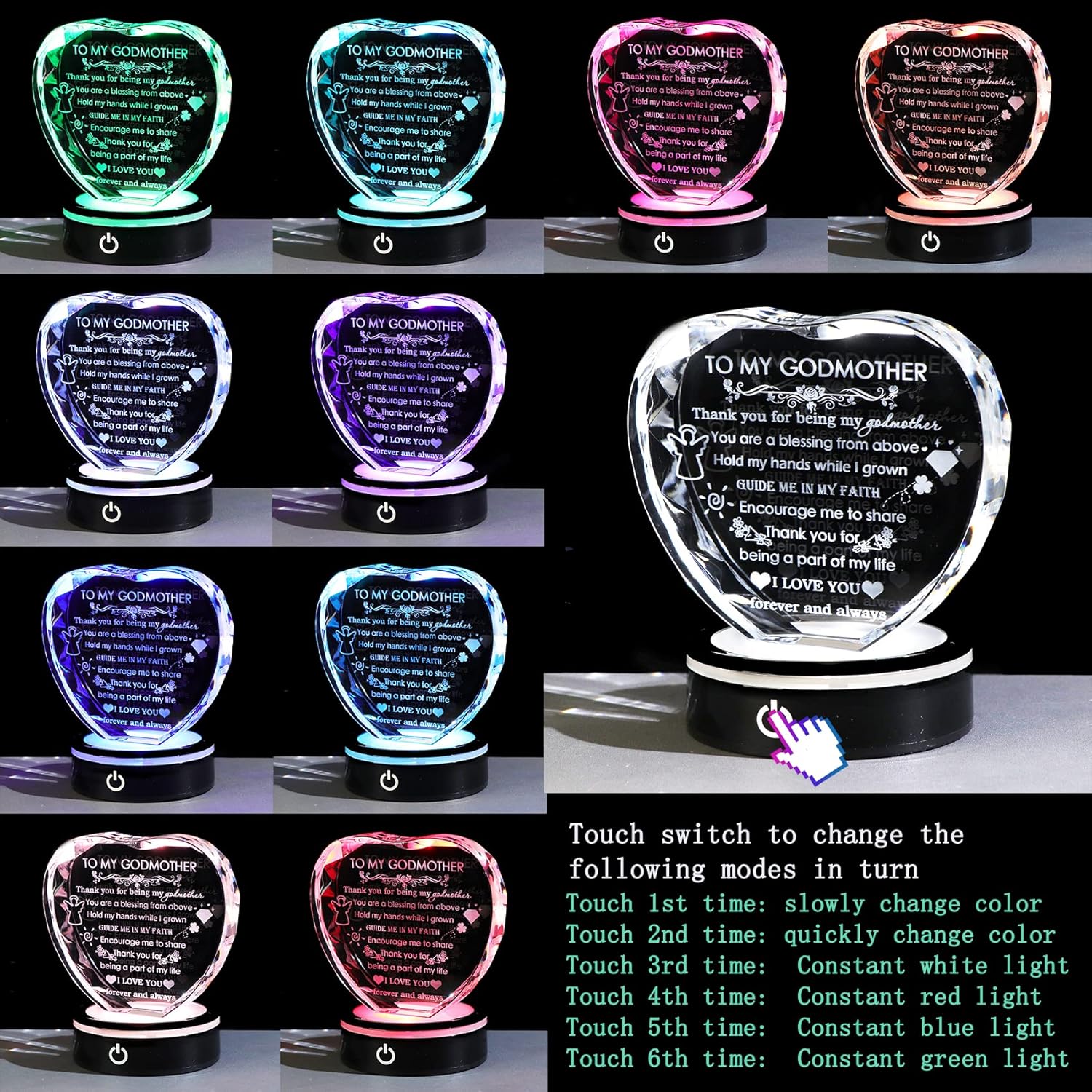 YWHL Godmother Gifts from Godchild with Colorful LED Base Best Heart Crystal Keepsakes Godmother Gift Idea from Goddaughter Godson for Mothers Day, Christmas, Birthday, Thanksgiving