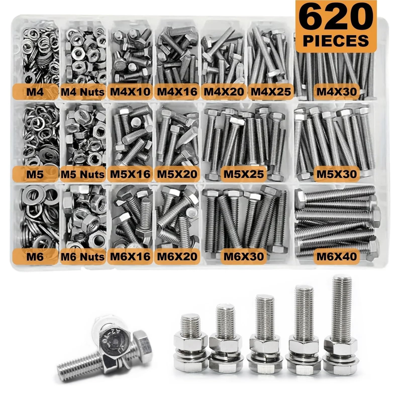 Schrauben und Muttern Set M6 M8 M10 Hochleistungsschrauben- und Muttern-Sortiment-Kit, 304 Edelstahl, Enthält die 8 gängigsten Größen(620PCS)