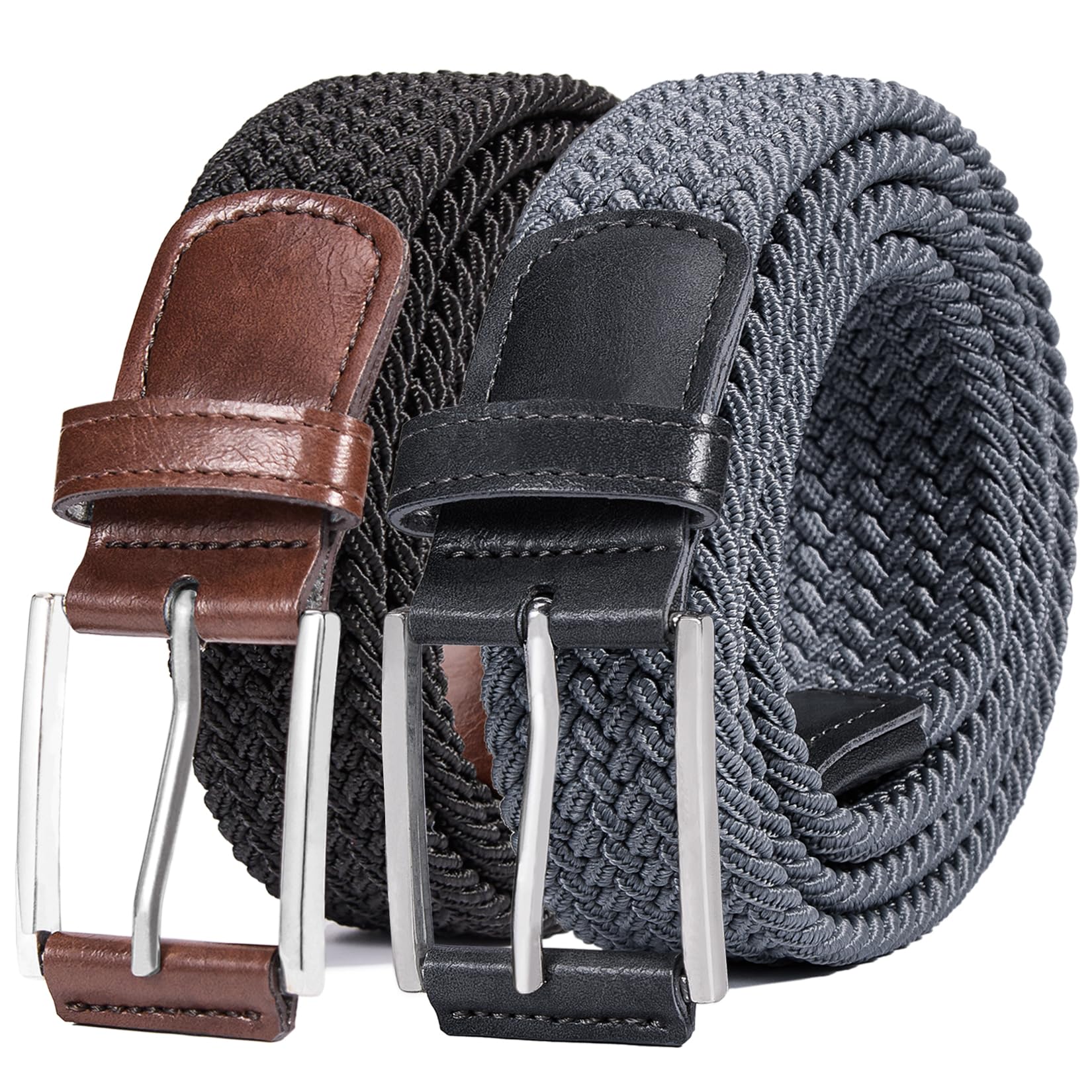 DENGFENGZHE Belt for Men, 1 3/8" Mens Gift Stretch Braided Web Belt Elastic for Casual Golf Jeans, 2 Pack