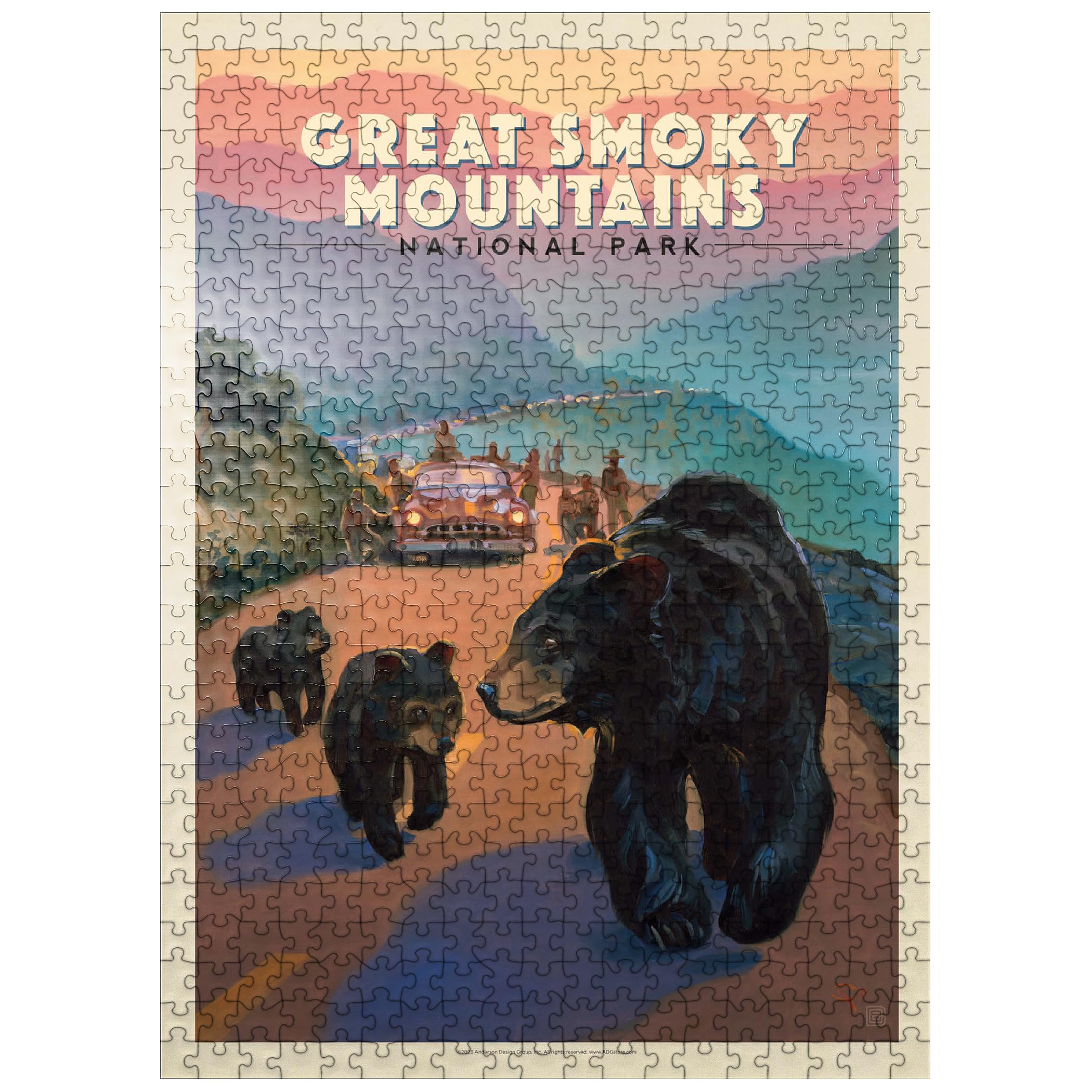 MyPuzzle Great Smoky Mountains National Park: Bear Jam, Vintage Poster - Premium 500 Piece Jigsaw Puzzle for Adults