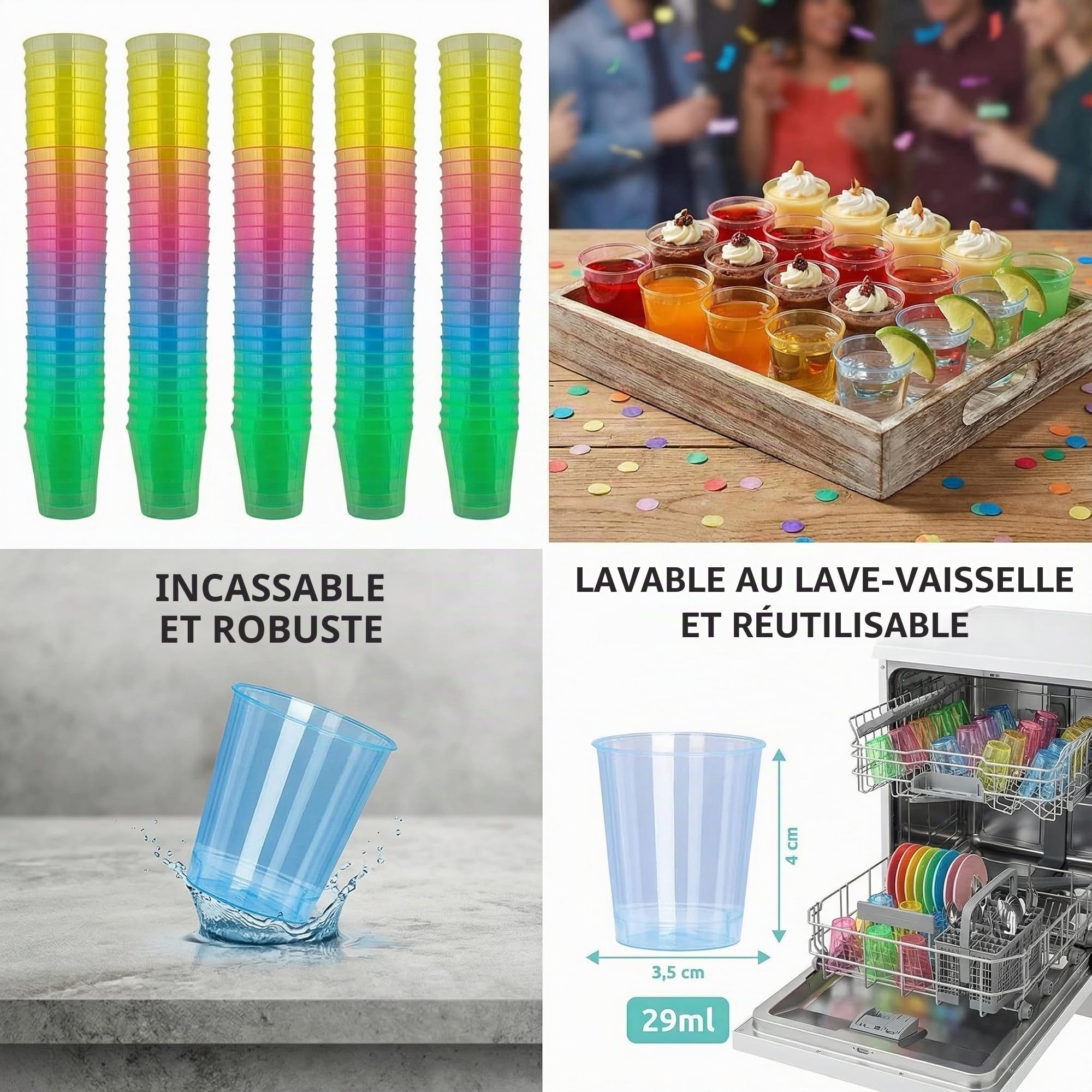 MIJOMA Lot de 640 verres à liqueur incassables en plastique robuste pour jello shots, desserts, fêtes, mariages, anniversaires, passent au lave-vaisselle, réutilisables, 29 ml (arc-en-ciel)