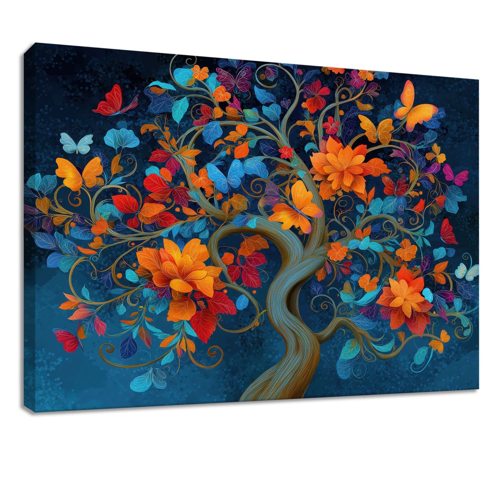 Obraz ścienny fantazja kwiaty obraz na płótnie - obraz na płótnie 120 x 80 cm, wydruk na płótnie z drzewem życia, liśćmi, oprawiona sztuka ścienna do salonu i sypialni, dekoracja ścienna, niebieski