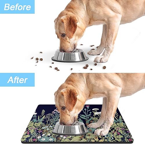 Miniatura 6 de Rnivvi Tapete de comida para perros, tapete de 16 x 24 pulgadas con temática de flores para alimentos y agua, tapete absorbente para proteger los