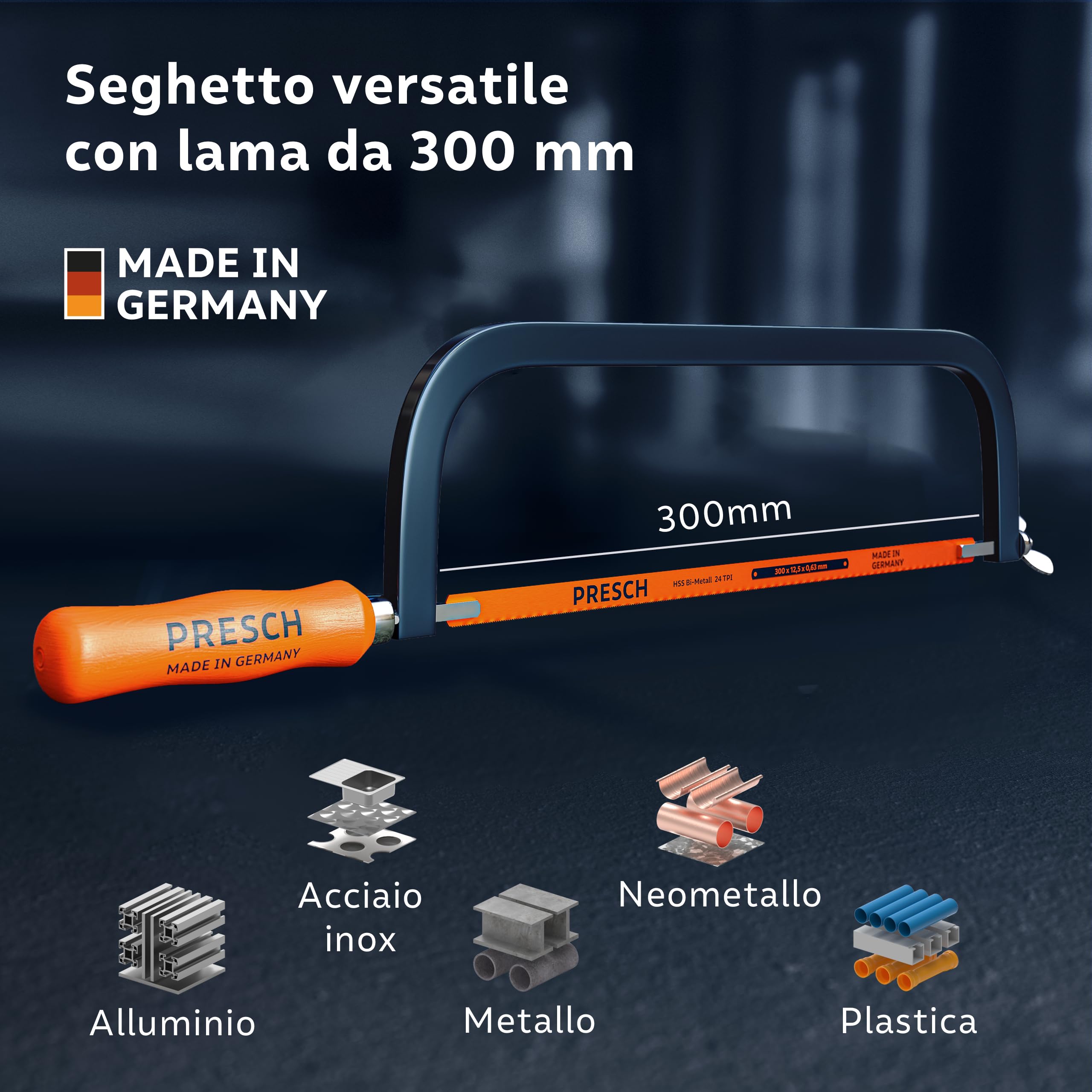 Presch Seghetto per metallo 300mm - Con lama in BI-metal per tagli precisi - Rotazione di 90° della lama per tagli orizzontali e verticali - Sostituzione rapida delle lame - Seghetto per ferro ecc.