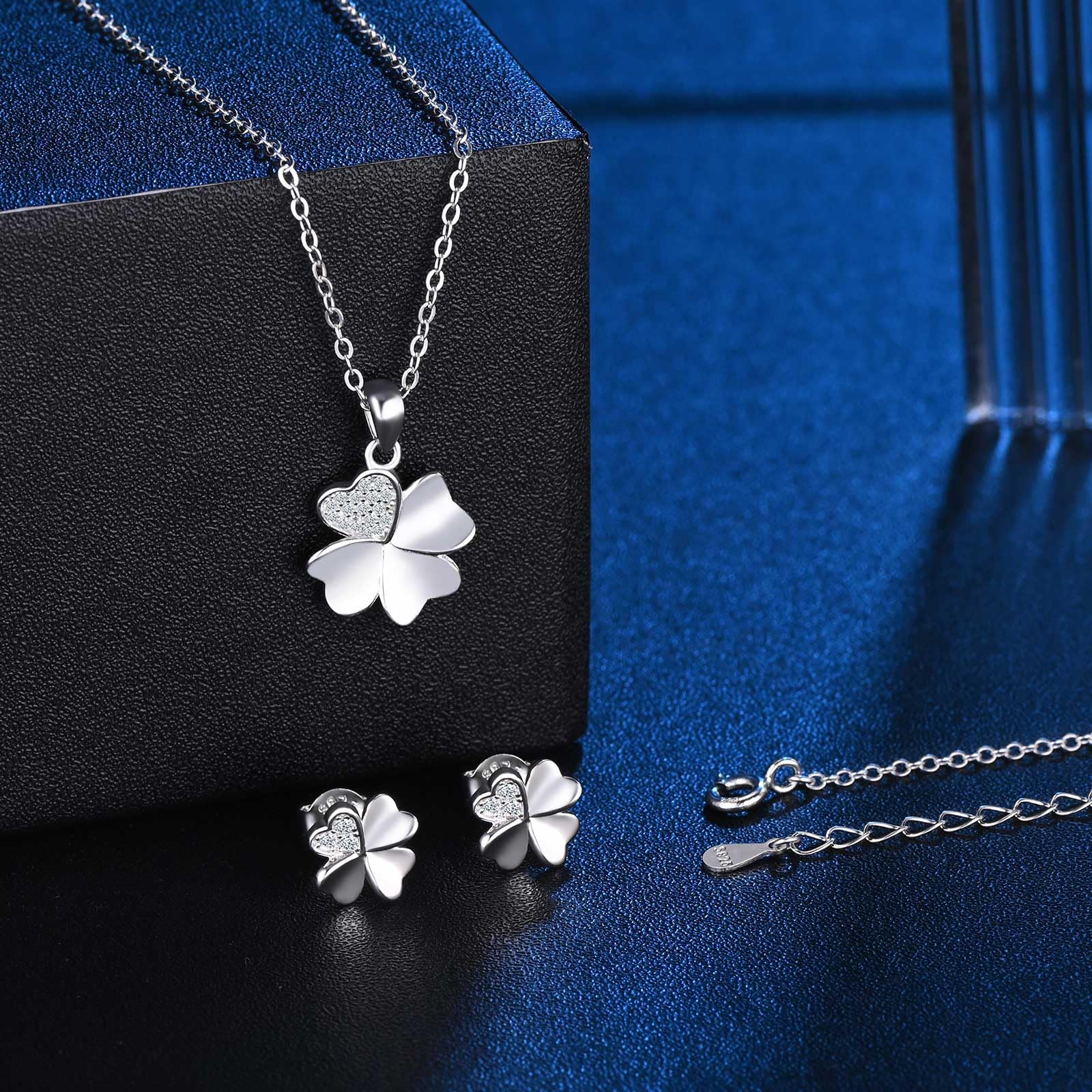 Pendientes y Collar de Trébol con Circonita para Mujer Niña, Conjuntos de Joyas de Plata de Ley 925 Collar con Colgante y Pendientes de Hoja de Trébol, Elegante de joyas