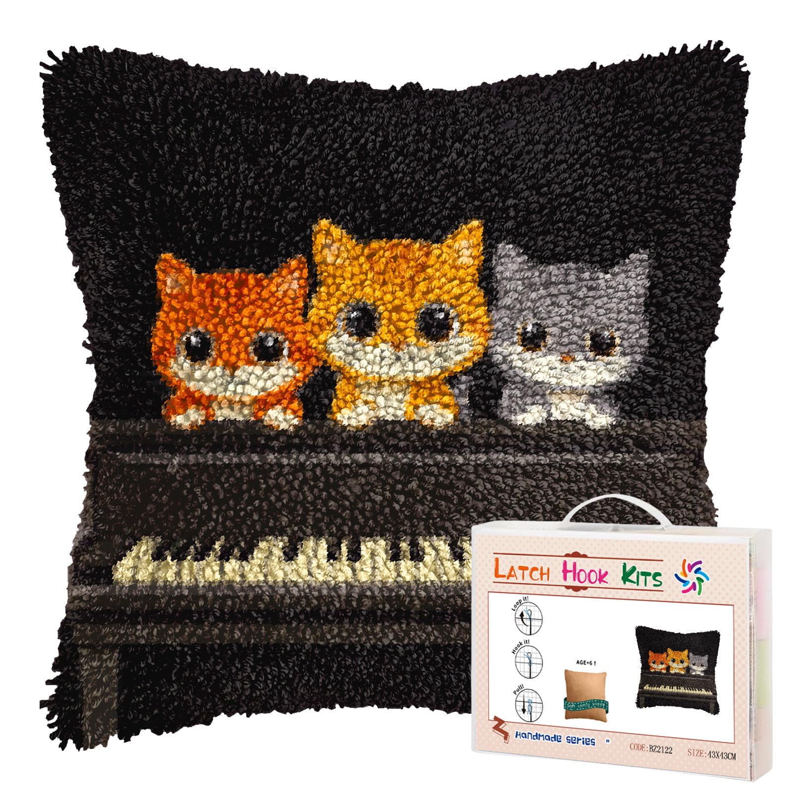 DIY Latch Hook Pillow Kits Cute Cats Playing Piano Printed Pillowcase Crochet Yarns Hooking Handmade Pillow Cover Cushion for Home Sofa Decoration 17x17inch-2