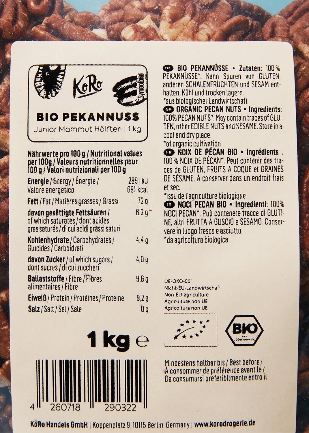 KoRo - Bio Pekanusskerne 1 kg - Top Bio-Qualität - Ideal zum Backen und Kochen - Ganze Kerne