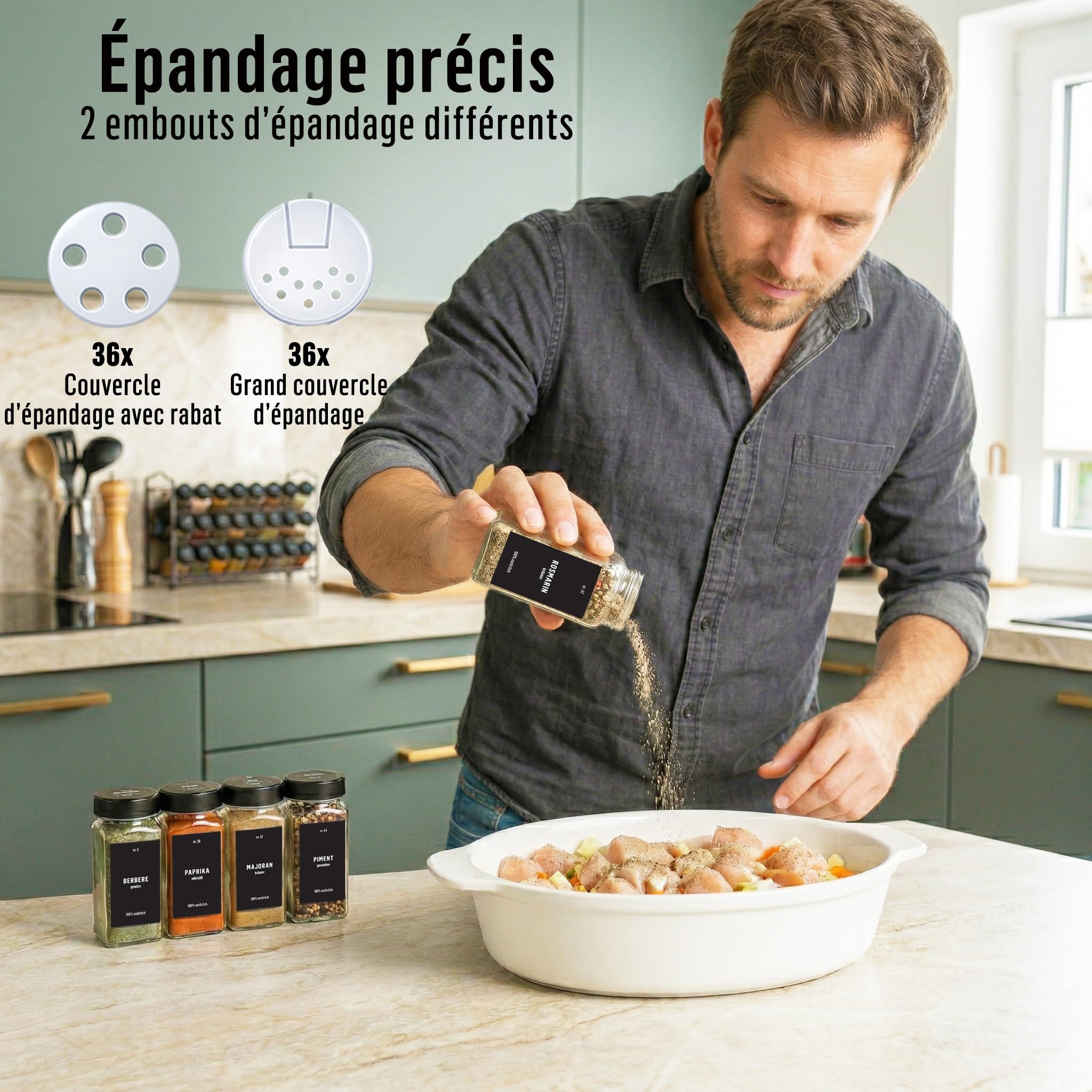Deco haus® Lot de 36 Bocaux à Épices Carrés Hermétiques [avec Étiquettes & Saupoudreur] - Bocaux en Verre - Pot a Epices en Verre et Bois, Spice Jars - Récipients d'Épices - Pot à Epices