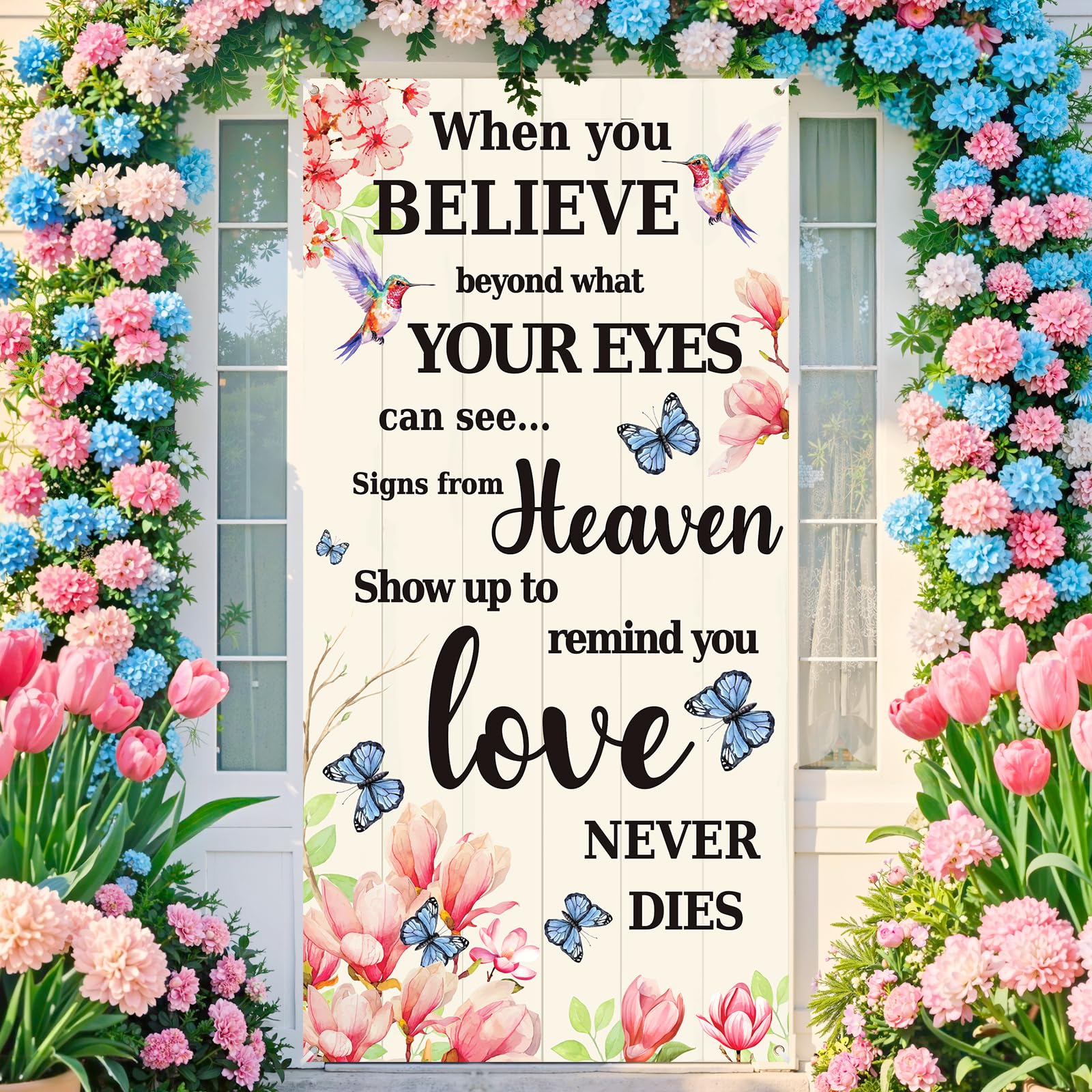 Hummingbird Memorial Mother's Day Door Cover Banner Decorations, Love Never Dies Memorial Day Gifts Gravesite Saying Spring Yard Outdoor Front Grave