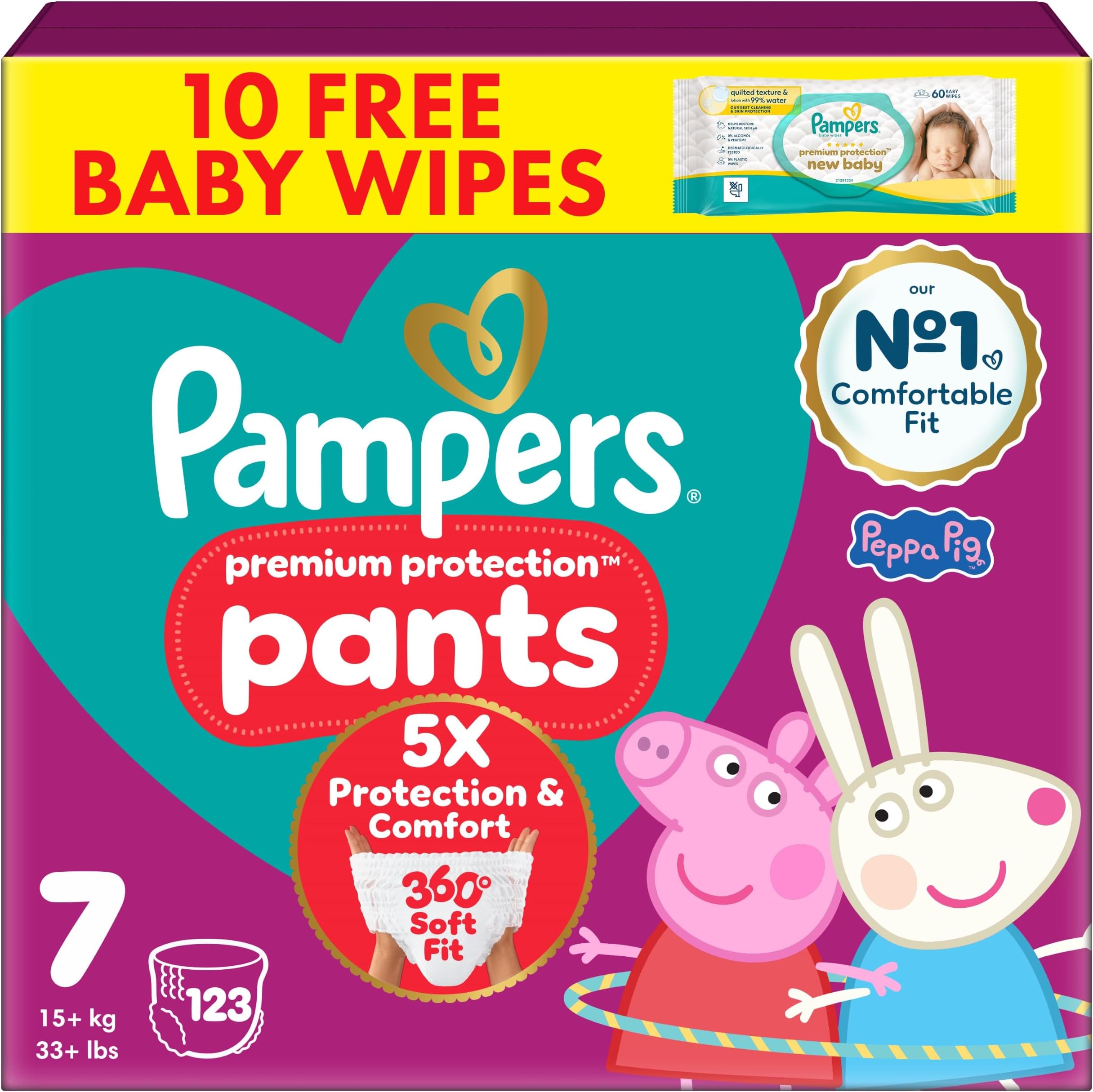 Premium Protection Nappy Pants Size 7, 123 Nappies, 15kg+, Monthly Pack + Pampers Harmonie Aqua Baby Wipes 1 pack of 10 Wipes-