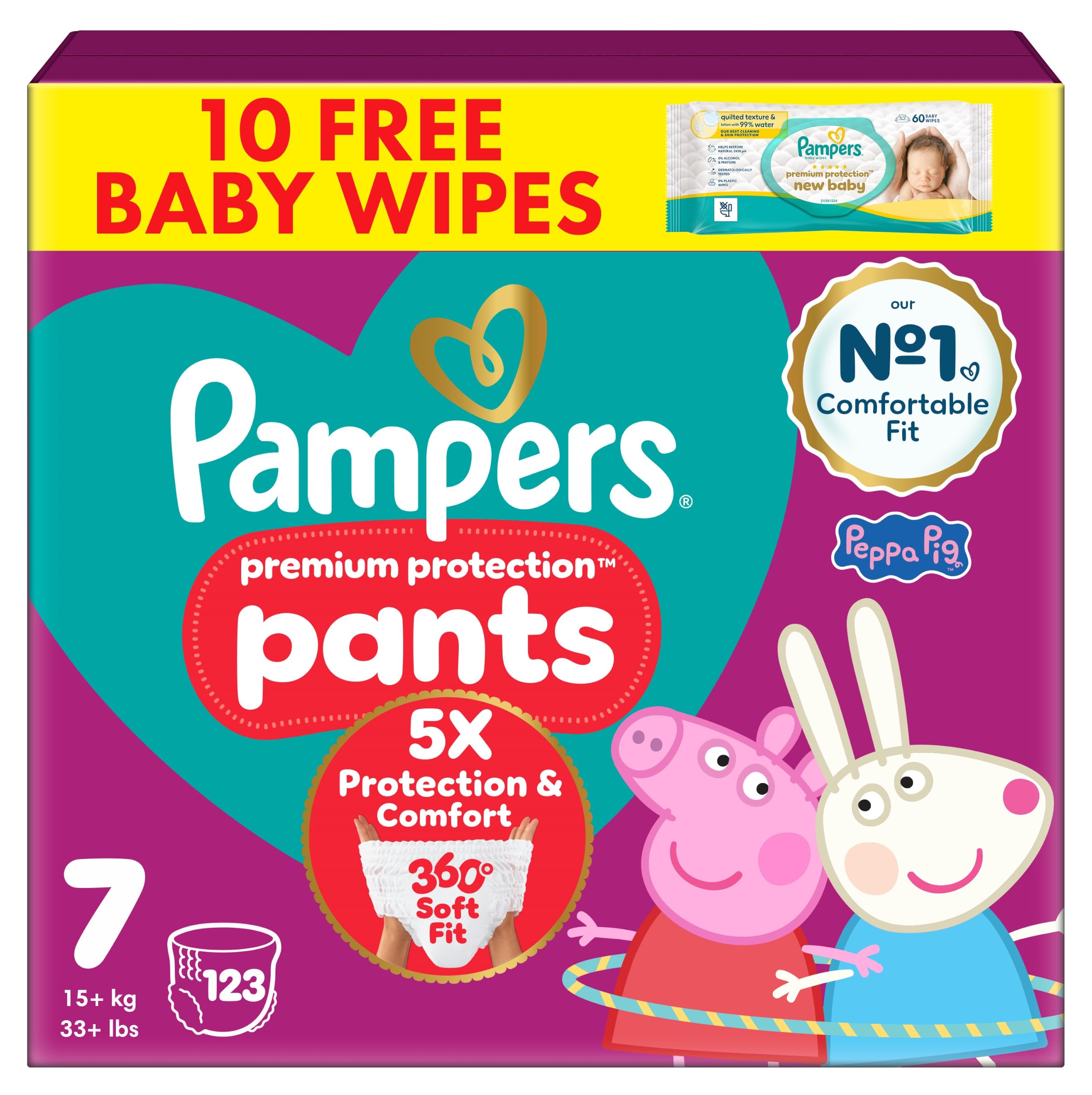 Pampers Premium Protection Nappy Pants Size 7, 123 Nappies, 15kg+, Monthly Pack + Pampers Harmonie Aqua Baby Wipes 1 pack of 10 Wipes-