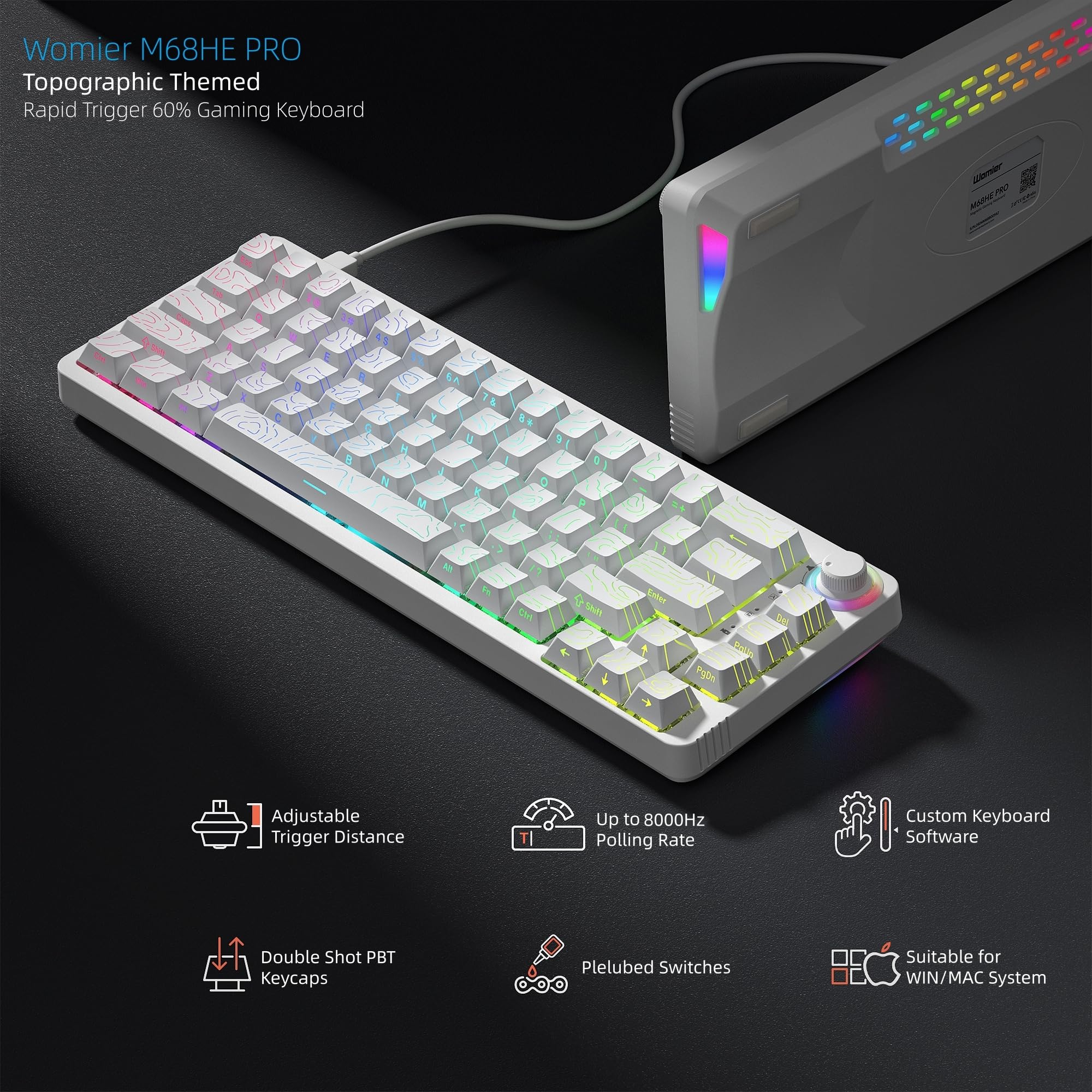 Womier Teclado M68 HE V2 60% de disparo rápido, efecto Hall, teclado mecánico personalizado RGB con cable con interruptor magnético, teclas PBT para Mac/Win (blanco)