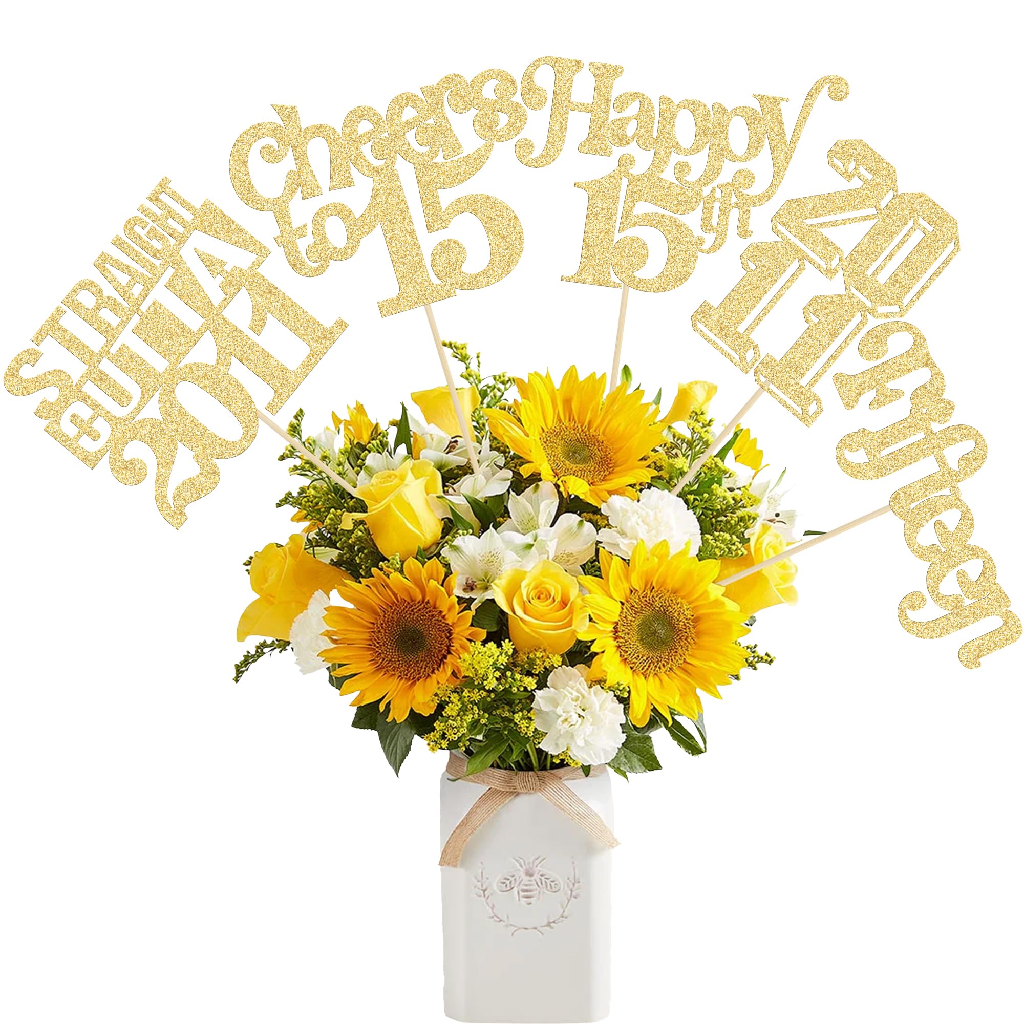 Gyufise 15Pcs Happy 15th Birthday Centerpiece Sticks Fifteen Straight Outta 2011 Table Flower Centerpieces Sticks for Cheers to 15th Birthday Party Supplies Gold